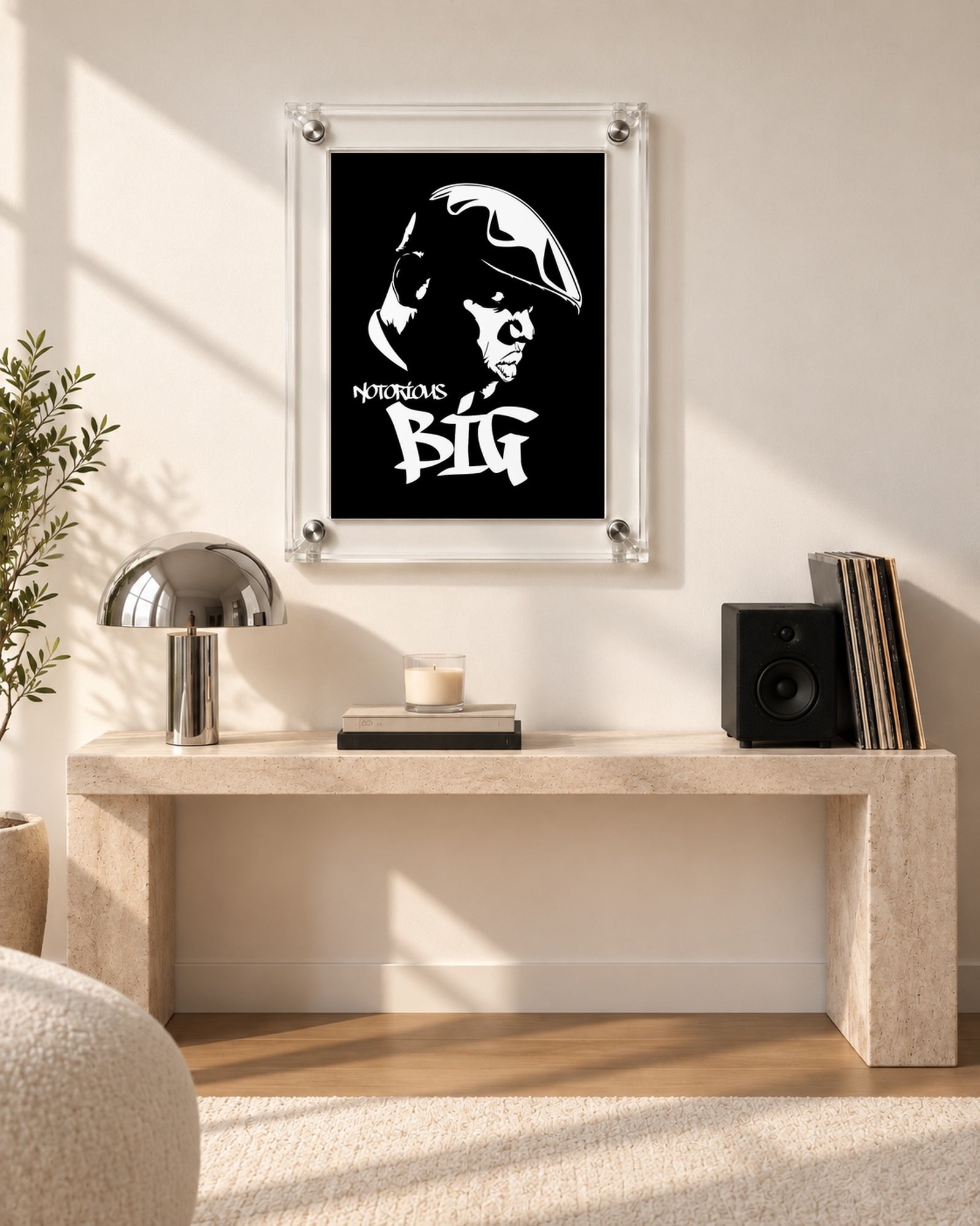 The Notorious B.I.G. stencil poster, cropped excess black margins, console scene; frame not included.