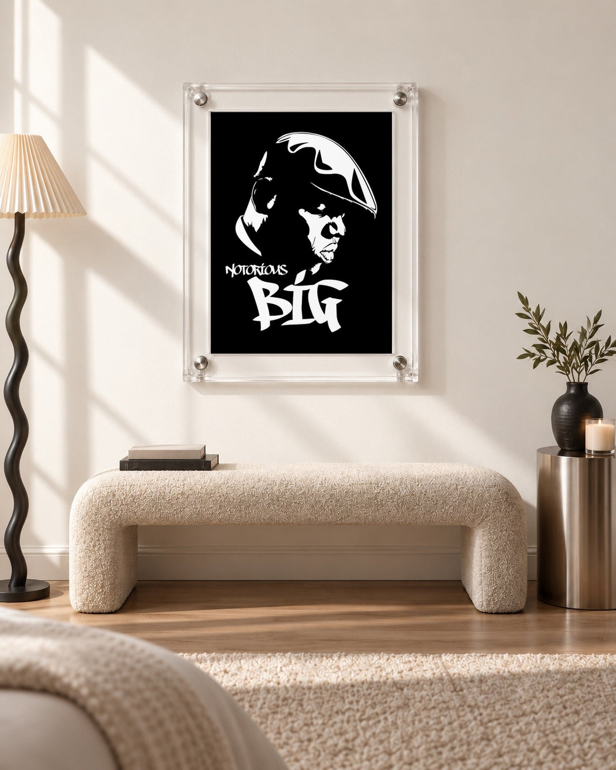 The Notorious B.I.G. stencil poster, cropped excess black margins, bench scene; frame not included.