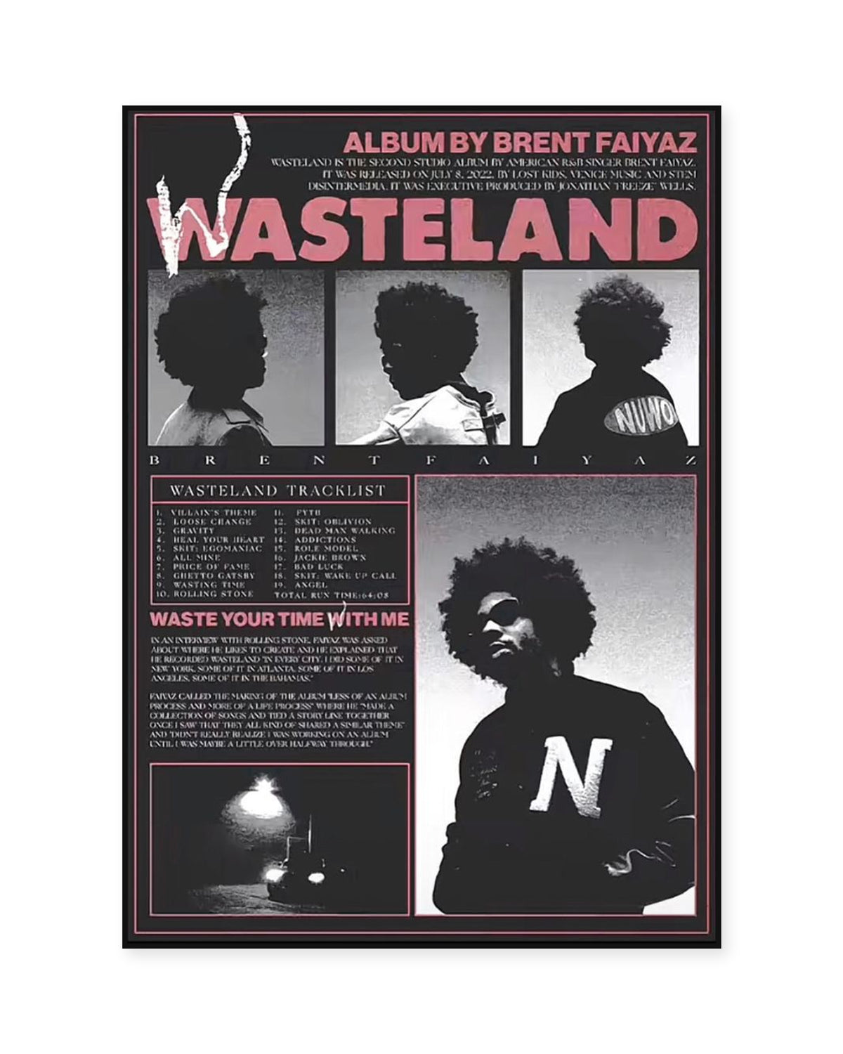 Brent Faiyaz Wasteland Pink Editorial Collage Poster — front view in a thin black display frame. Print sold unframed; frame for display only.