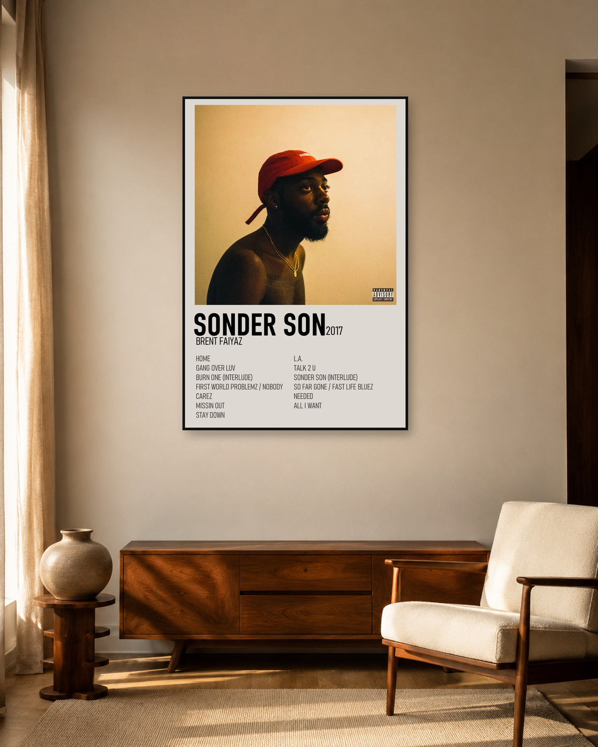 Brent Faiyaz Sonder Son Cream Two-Column Tracklist Poster — warm mid-century living room display. Print sold unframed; frame for display only.