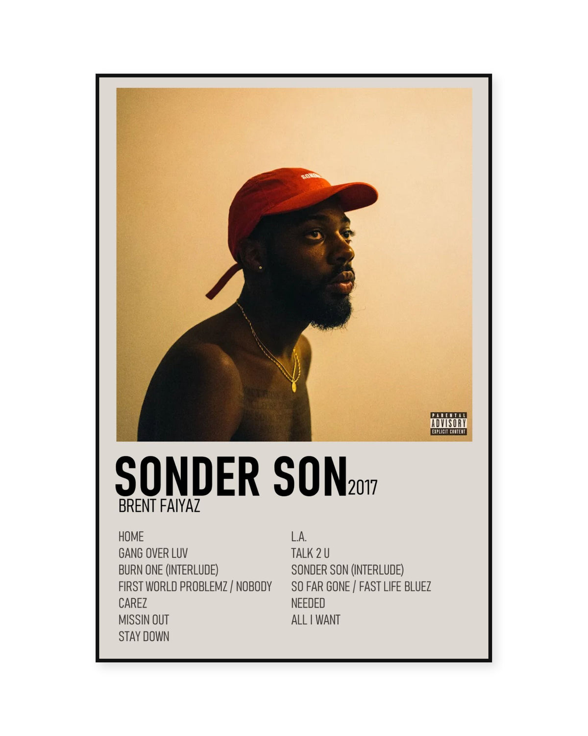 Brent Faiyaz Sonder Son Cream Two-Column Tracklist Poster — front view in a thin black display frame. Print sold unframed; frame for display only.