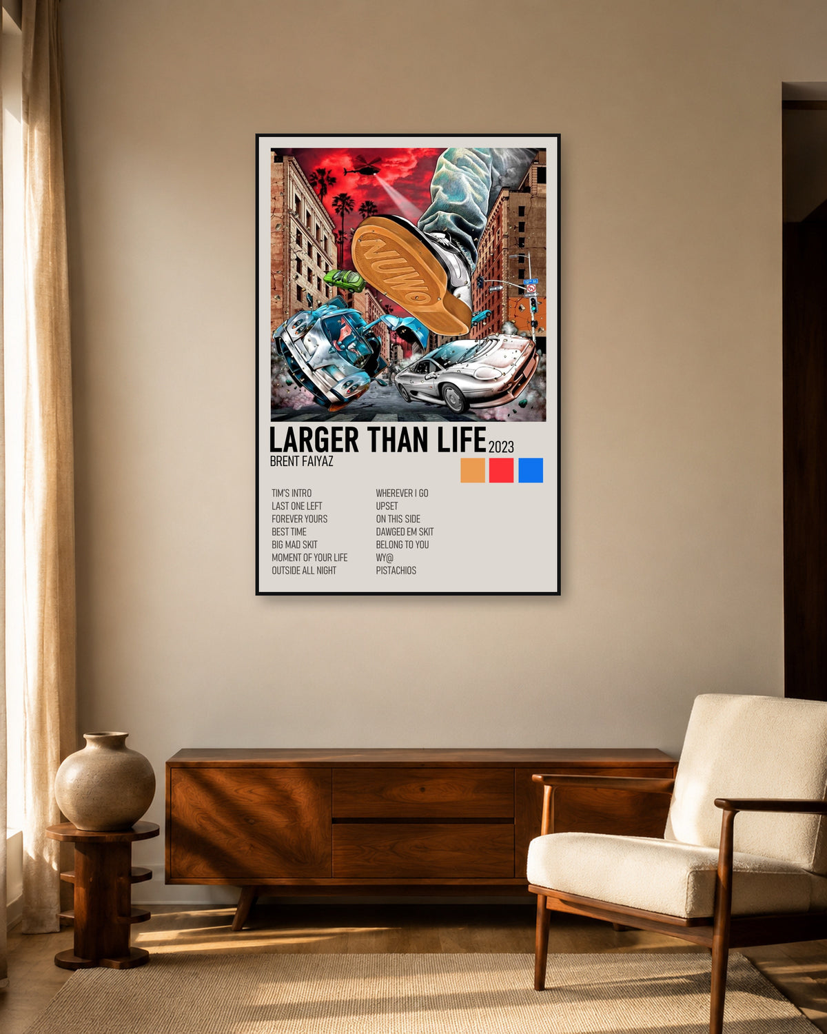 Brent Faiyaz Larger Than Life Cream Cover Tracklist Poster — warm mid-century living room display. Print sold unframed; frame for display only.