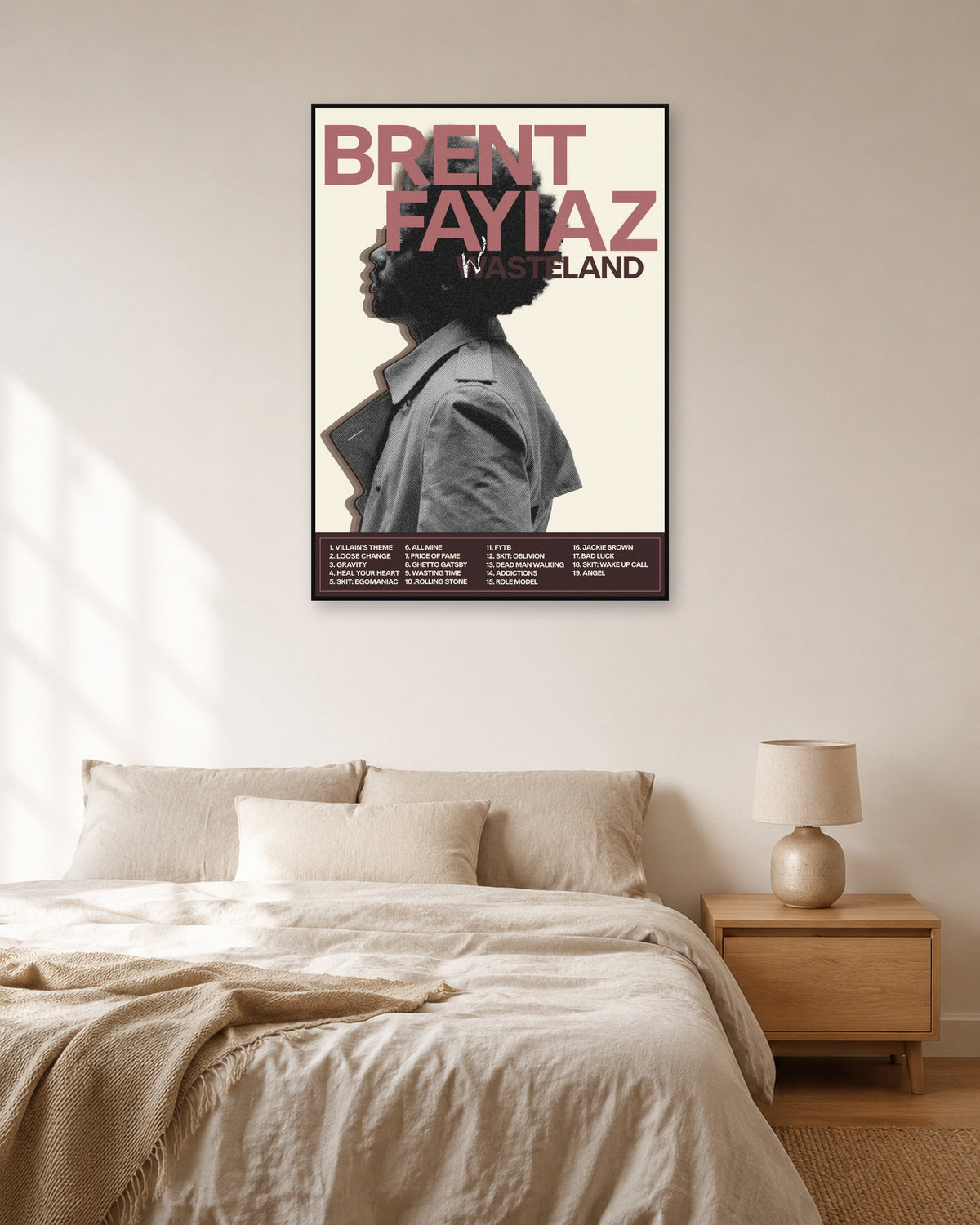 Brent Faiyaz Wasteland Cream Profile Portrait Poster — natural-light bedroom display. Print sold unframed; frame for display only.