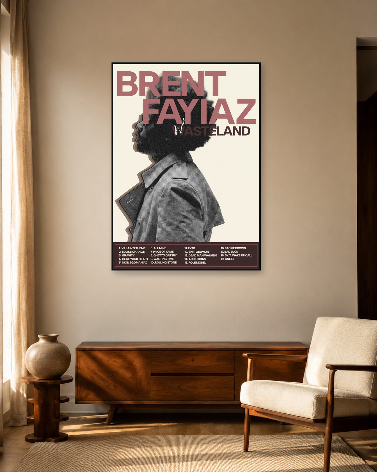 Brent Faiyaz Wasteland Cream Profile Portrait Poster — warm mid-century living room display. Print sold unframed; frame for display only.