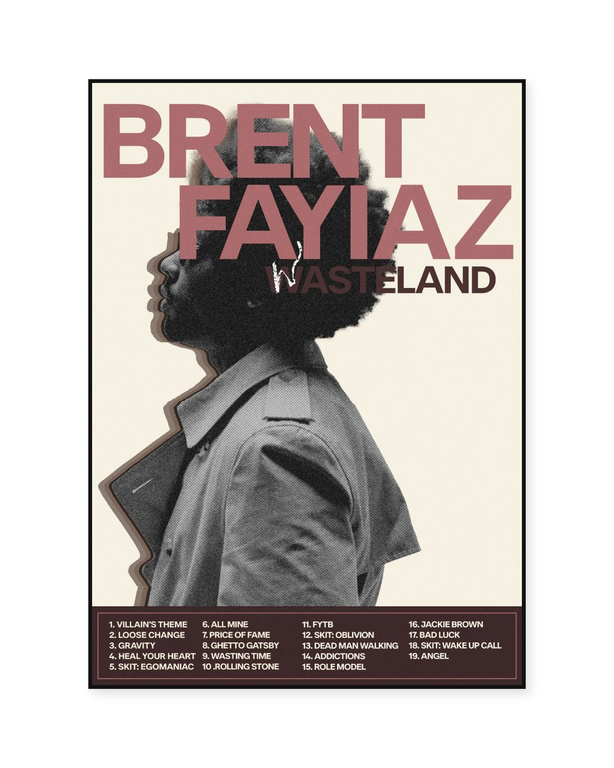 Brent Faiyaz Wasteland Cream Profile Portrait Poster — front view in a thin black display frame. Print sold unframed; frame for display only.