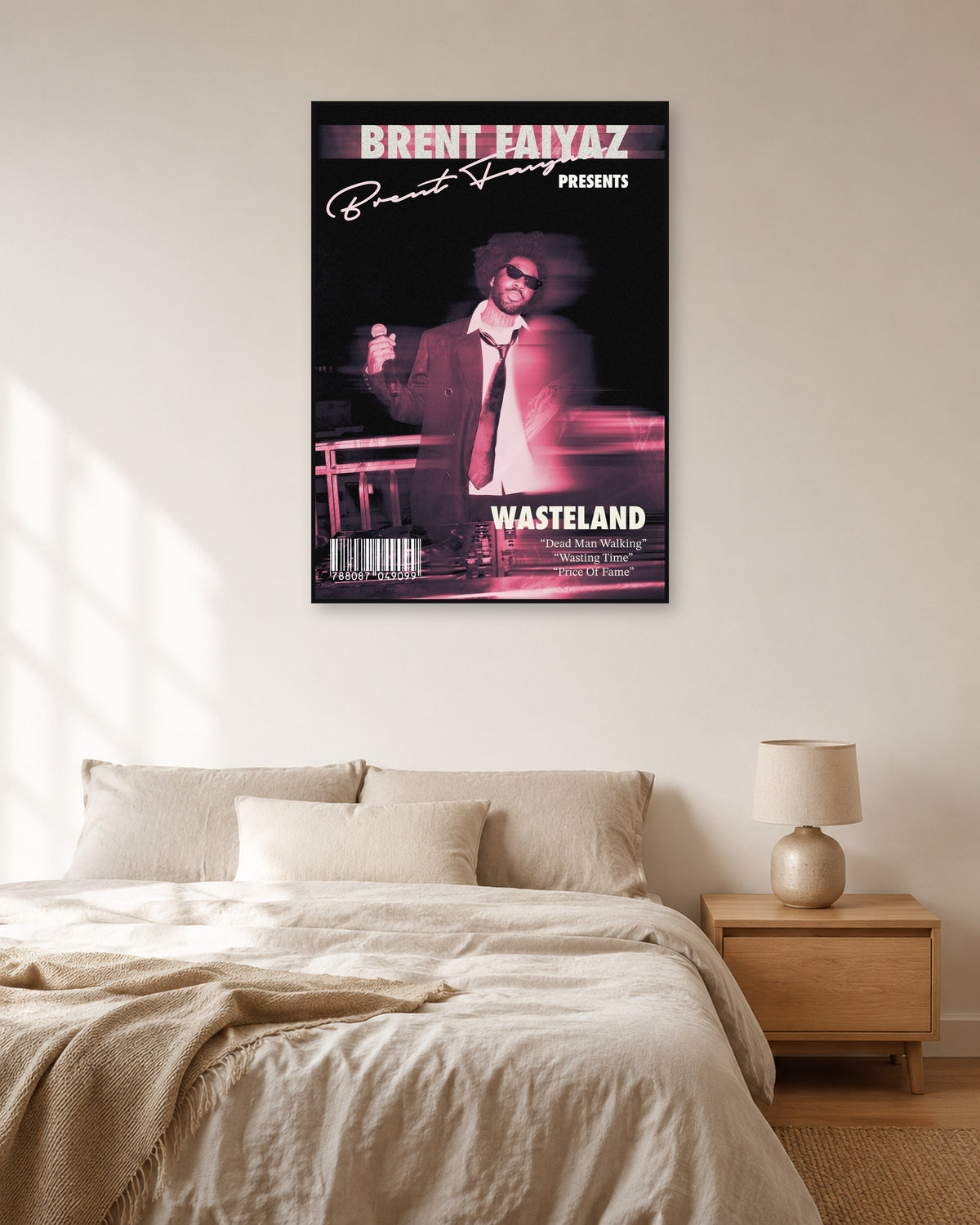 Brent Faiyaz Wasteland Pink Motion Portrait Poster — natural-light bedroom display. Print sold unframed; frame for display only.