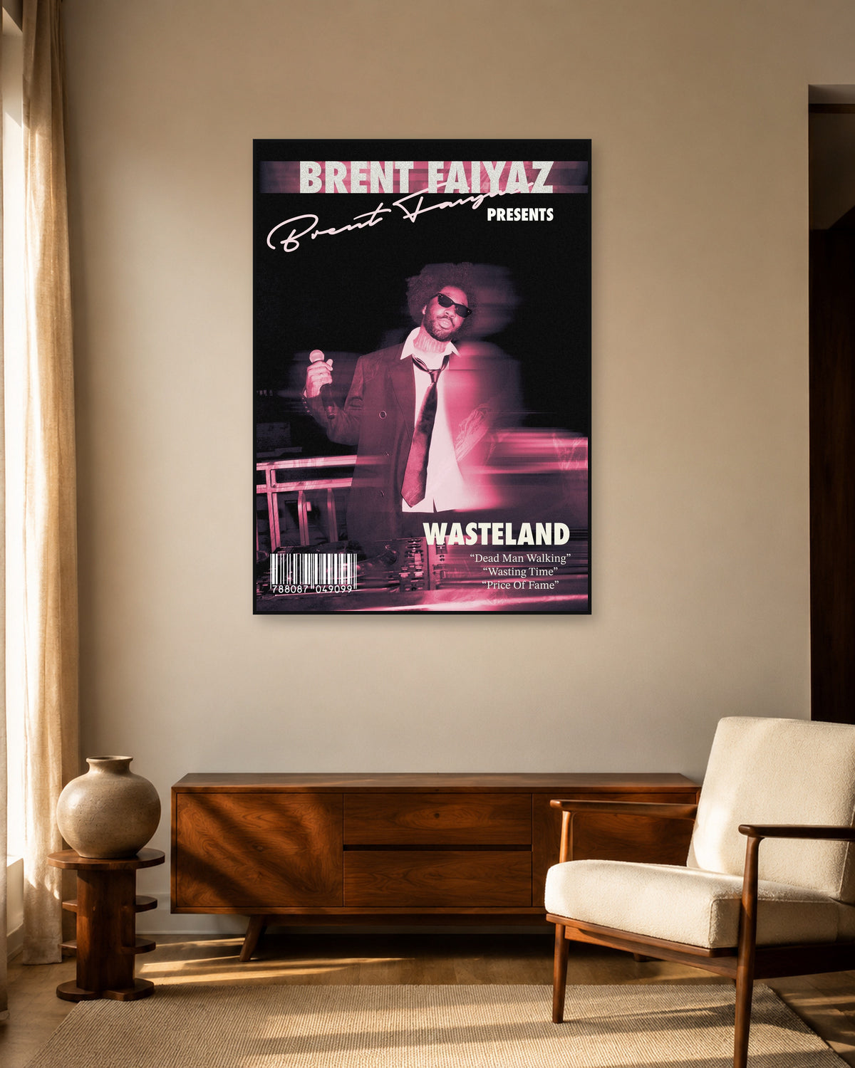 Brent Faiyaz Wasteland Pink Motion Portrait Poster — warm mid-century living room display. Print sold unframed; frame for display only.