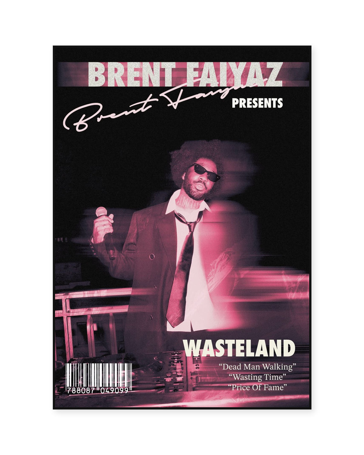 Brent Faiyaz Wasteland Pink Motion Portrait Poster — front view in a thin black display frame. Print sold unframed; frame for display only.