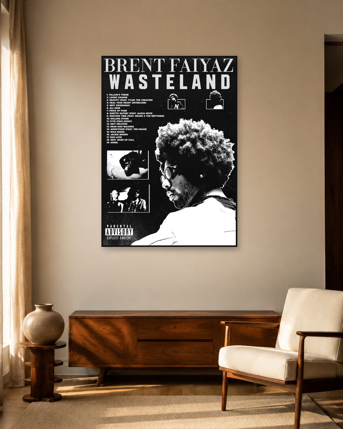 Brent Faiyaz Wasteland Black-and-White Portrait Collage Poster — warm mid-century living room display. Print sold unframed; frame for display only.
