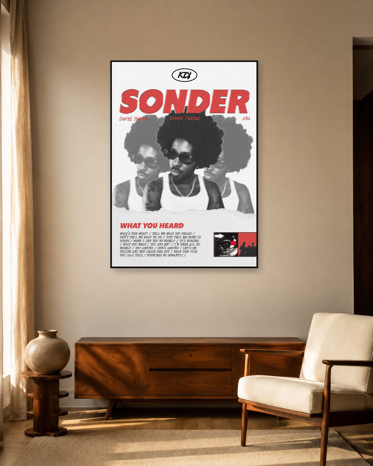 Brent Faiyaz What You Heard Sonder Red Portrait Collage Poster — warm mid-century living room display. Print sold unframed; frame for display only.