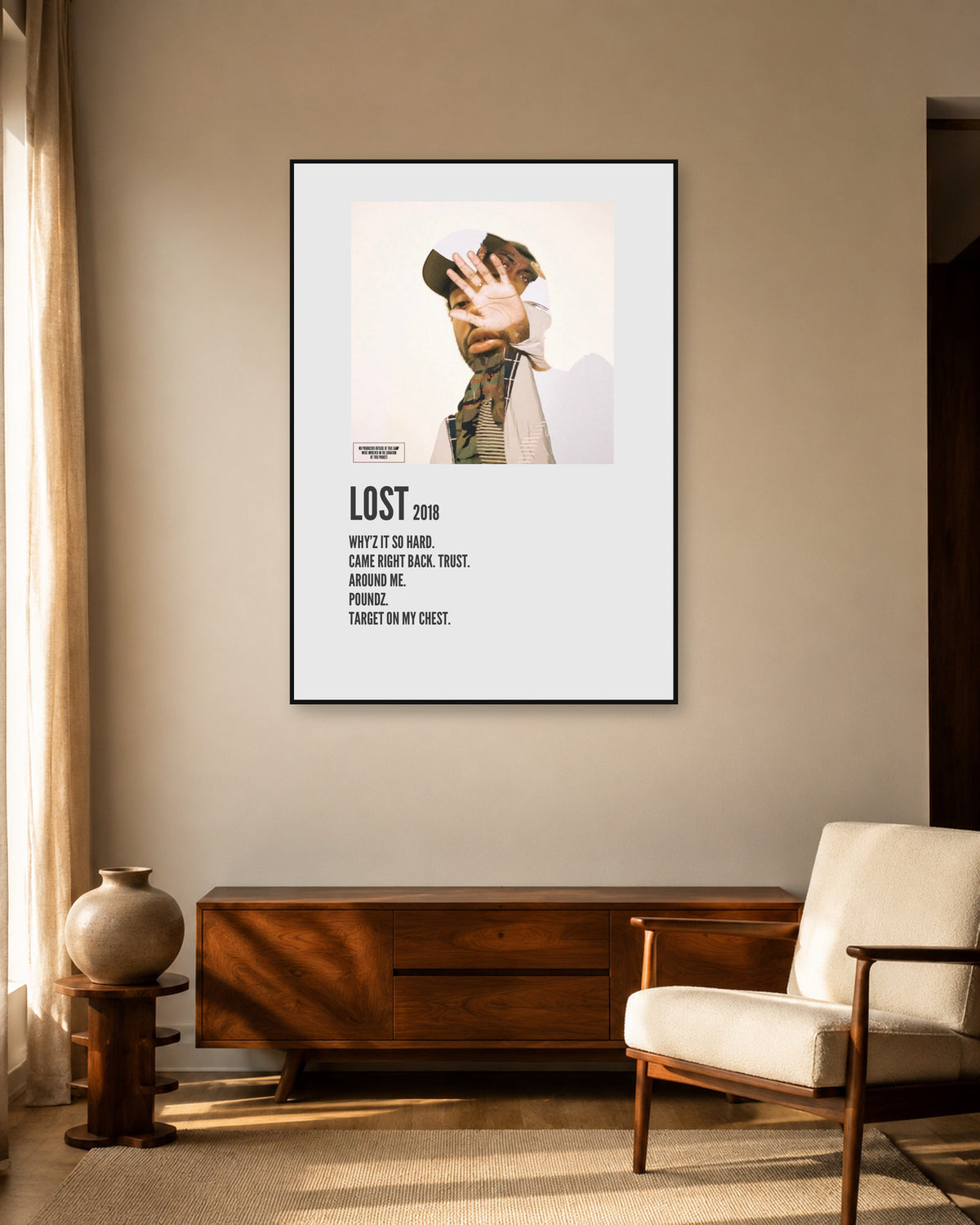 Brent Faiyaz Lost Cream Tracklist Poster — warm mid-century living room display. Print sold unframed; frame for display only.