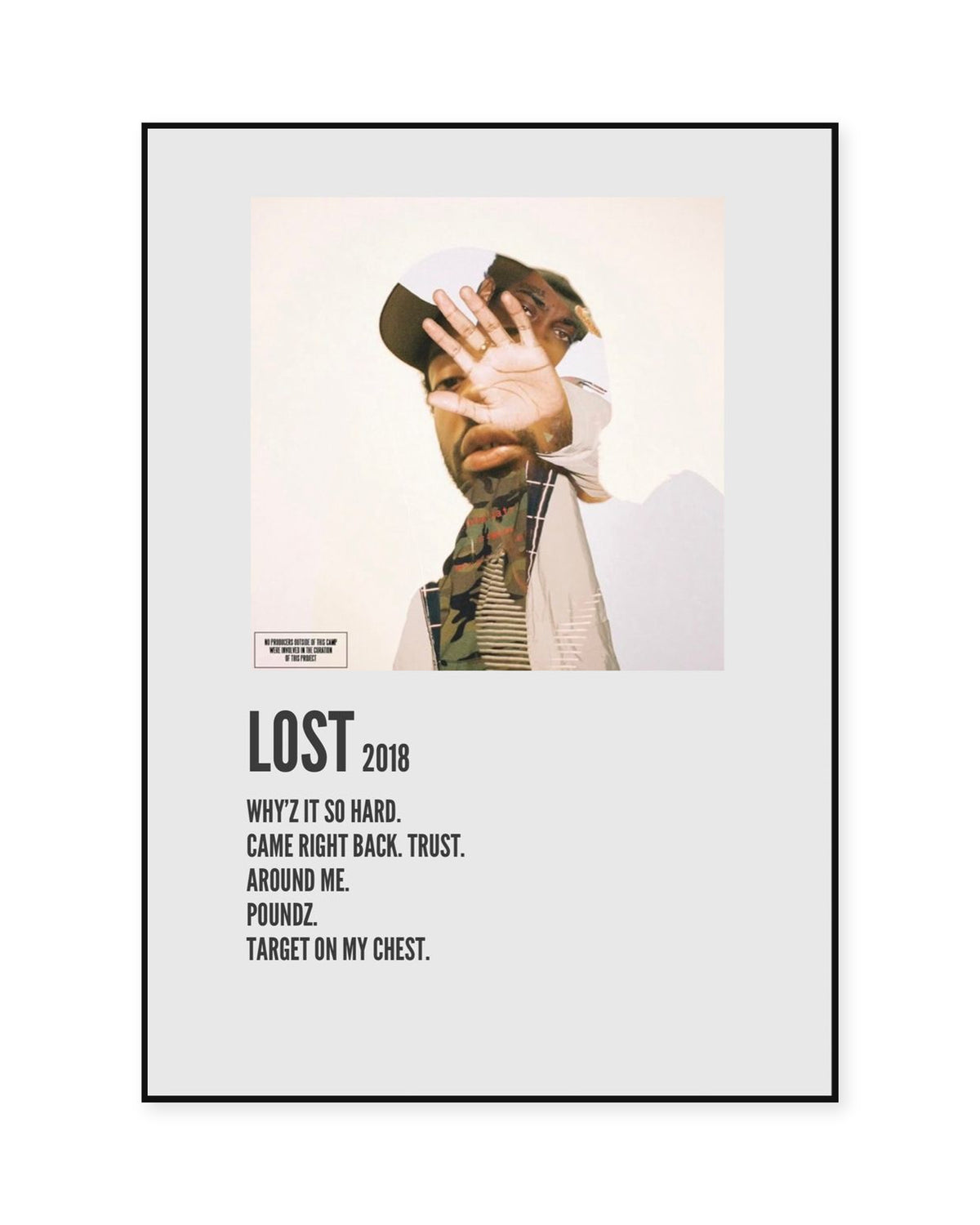 Brent Faiyaz Lost Cream Tracklist Poster — front view in a thin black display frame. Print sold unframed; frame for display only.