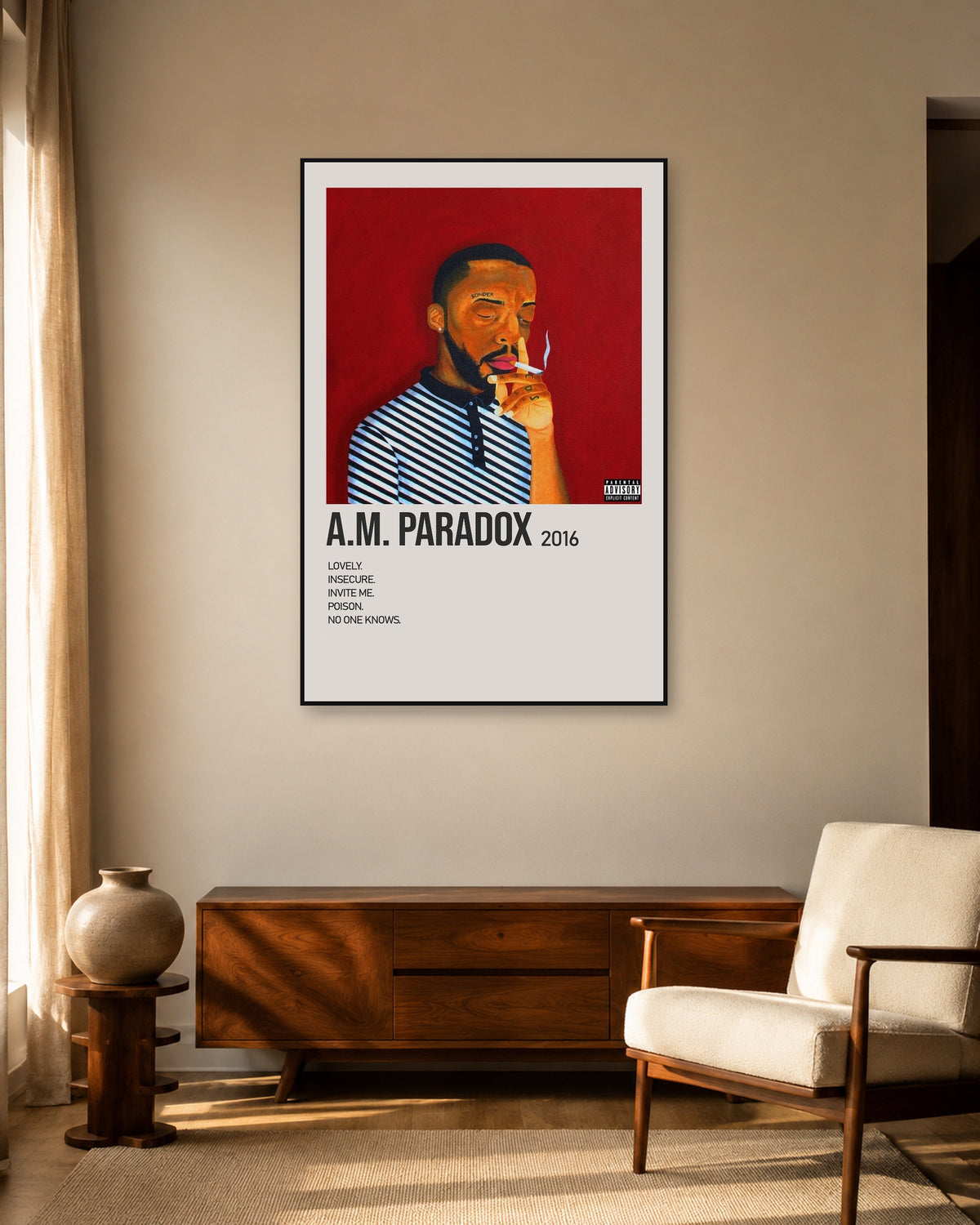 Brent Faiyaz A.M. Paradox Red Portrait Tracklist Poster — warm mid-century living room display. Print sold unframed; frame for display only.