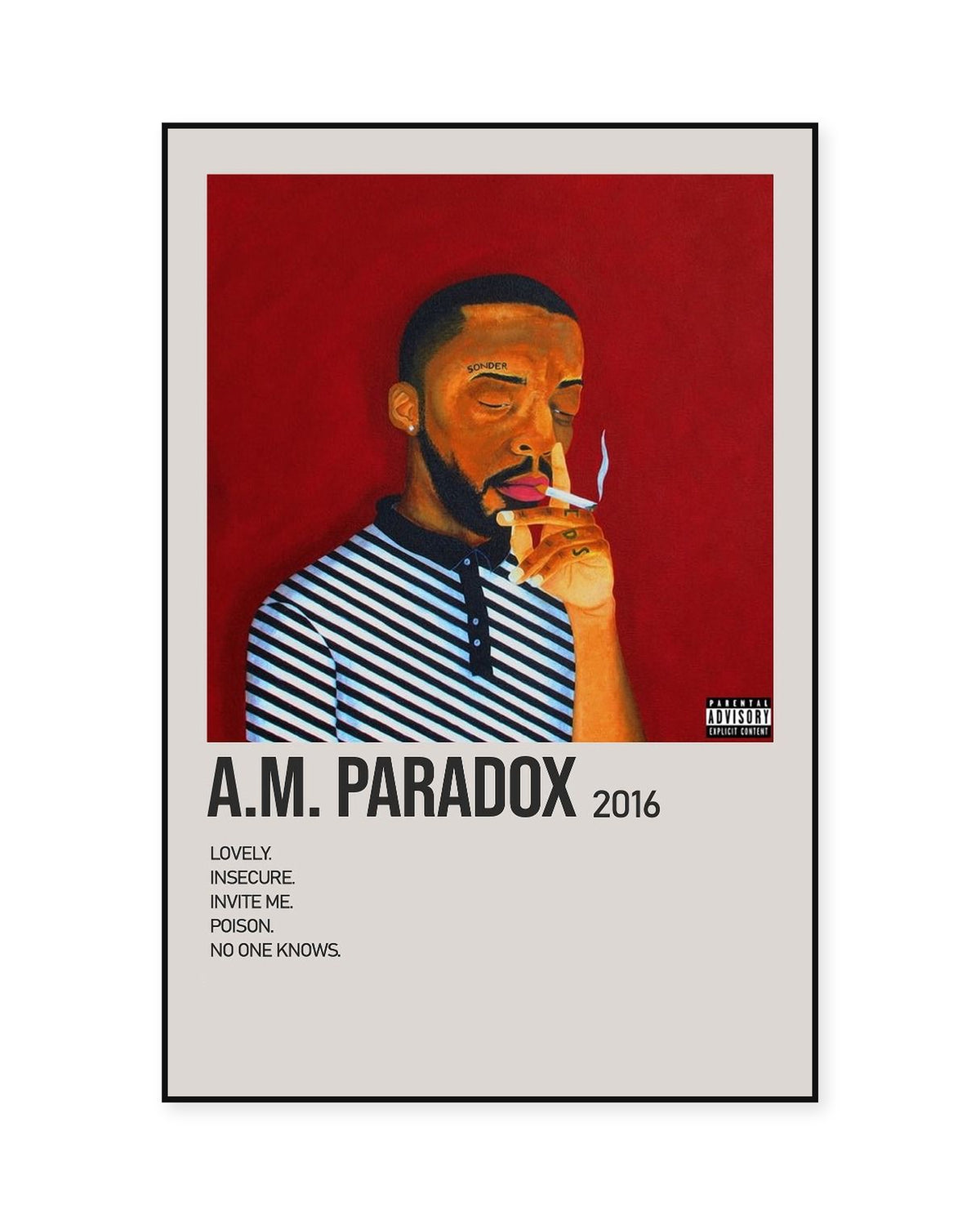 Brent Faiyaz A.M. Paradox Red Portrait Tracklist Poster — front view in a thin black display frame. Print sold unframed; frame for display only.