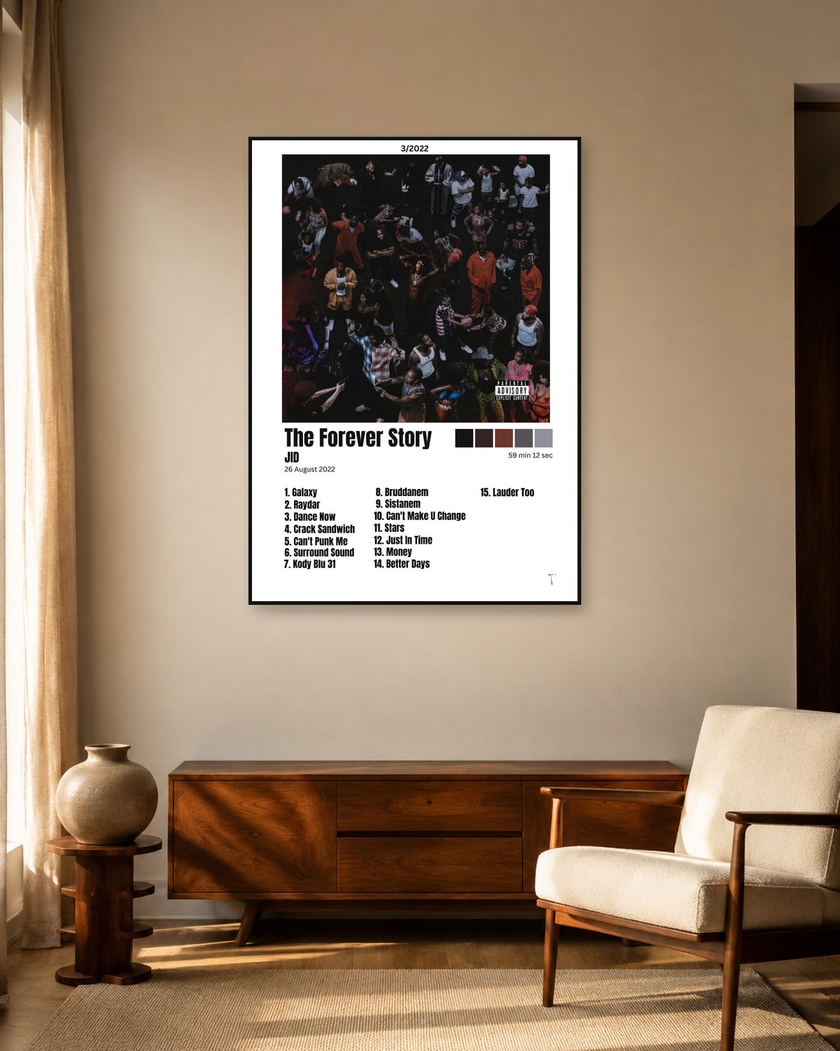 JID The Forever Story White Three-Column Tracklist Poster — warm mid-century living room display. Print sold unframed; frame for display only.