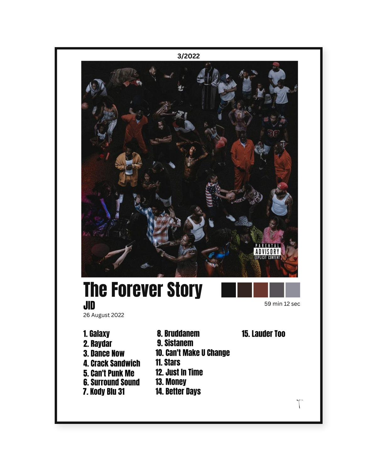 JID The Forever Story White Three-Column Tracklist Poster — front view in a thin black display frame. Print sold unframed; frame for display only.