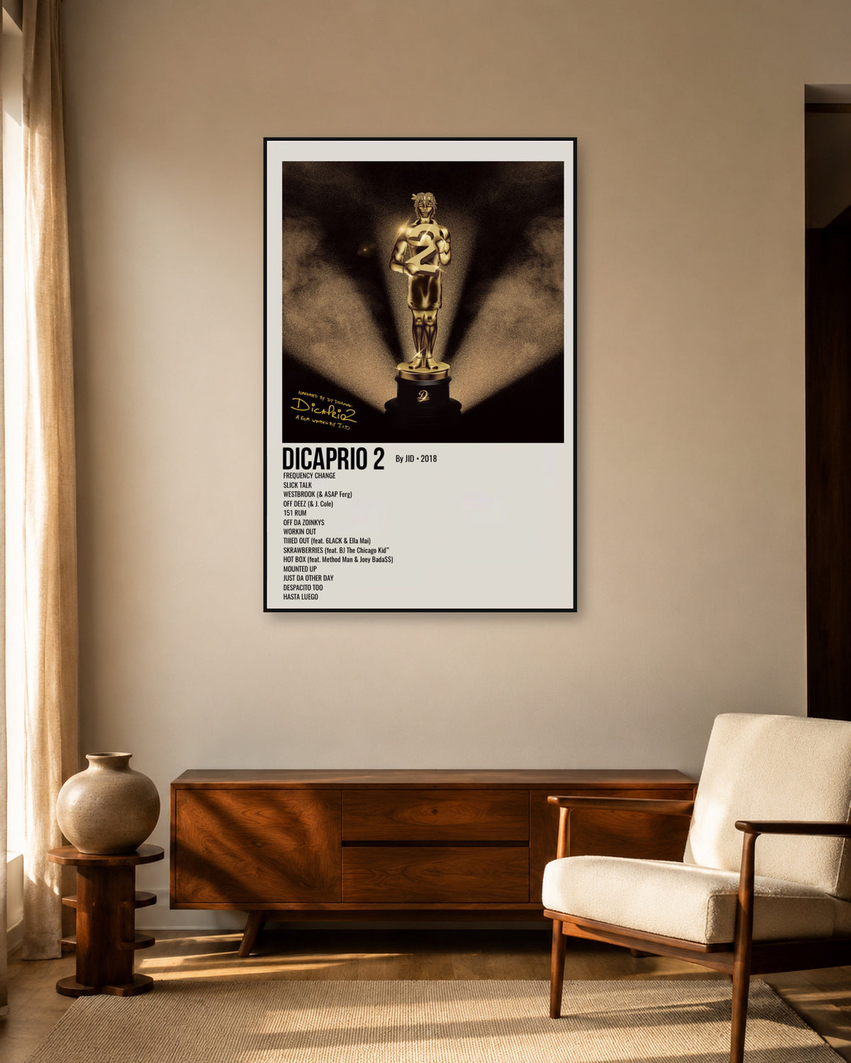 JID DiCaprio 2 Cream Vertical Tracklist Poster — warm mid-century living room display. Print sold unframed; frame for display only.