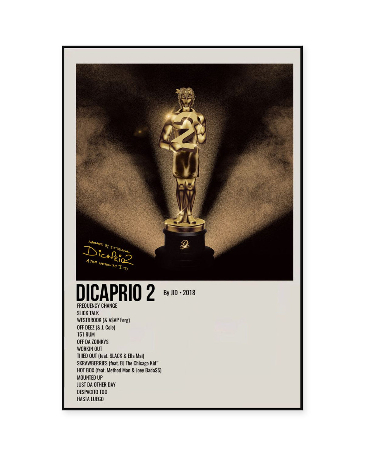 JID DiCaprio 2 Cream Vertical Tracklist Poster — front view in a thin black display frame. Print sold unframed; frame for display only.
