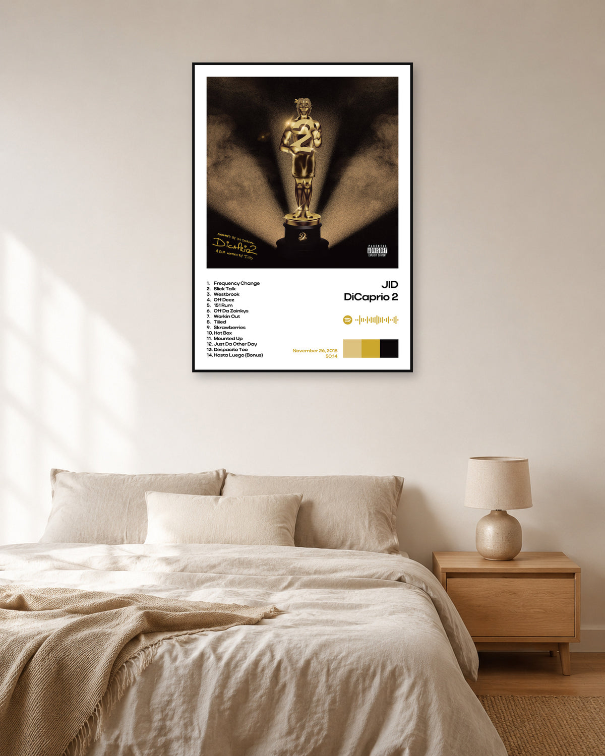 JID DiCaprio 2 White Album Information Poster — natural-light bedroom display. Print sold unframed; frame for display only.