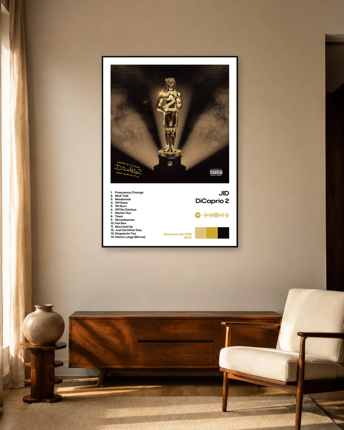 JID DiCaprio 2 White Album Information Poster — warm mid-century living room display. Print sold unframed; frame for display only.