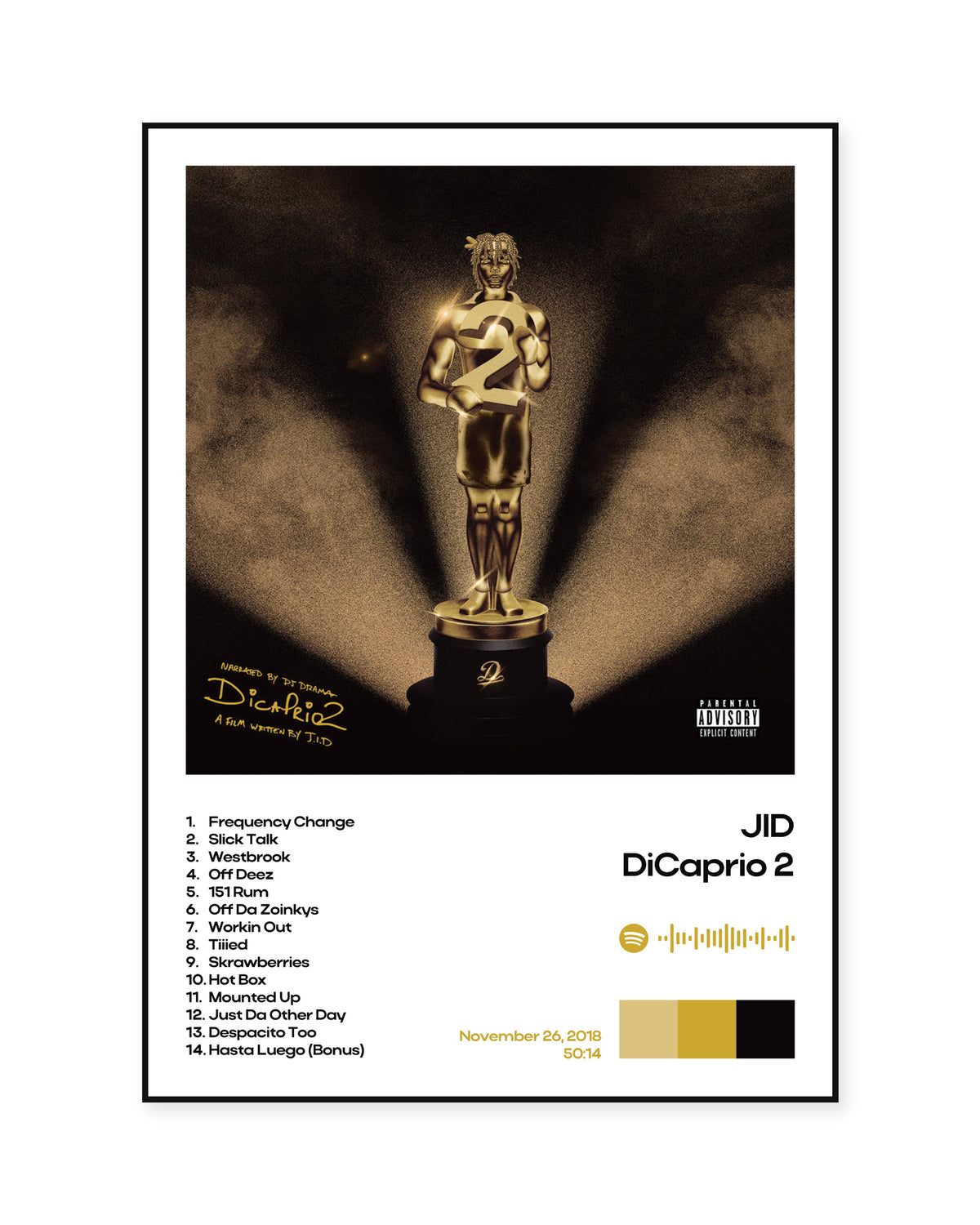 JID DiCaprio 2 White Album Information Poster — front view in a thin black display frame. Print sold unframed; frame for display only.