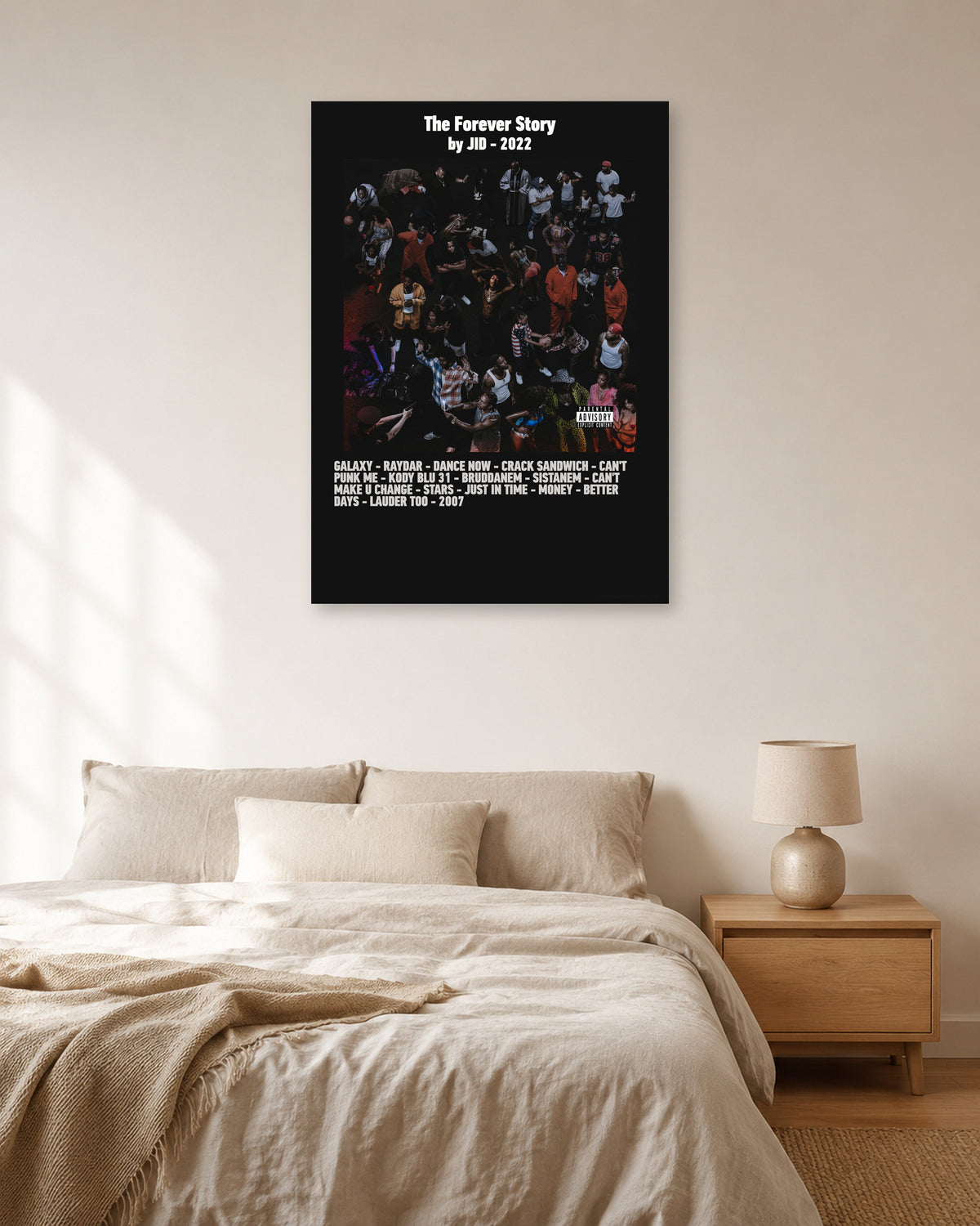 JID The Forever Story Black Bold Tracklist Poster — natural-light bedroom display. Print sold unframed; frame for display only.