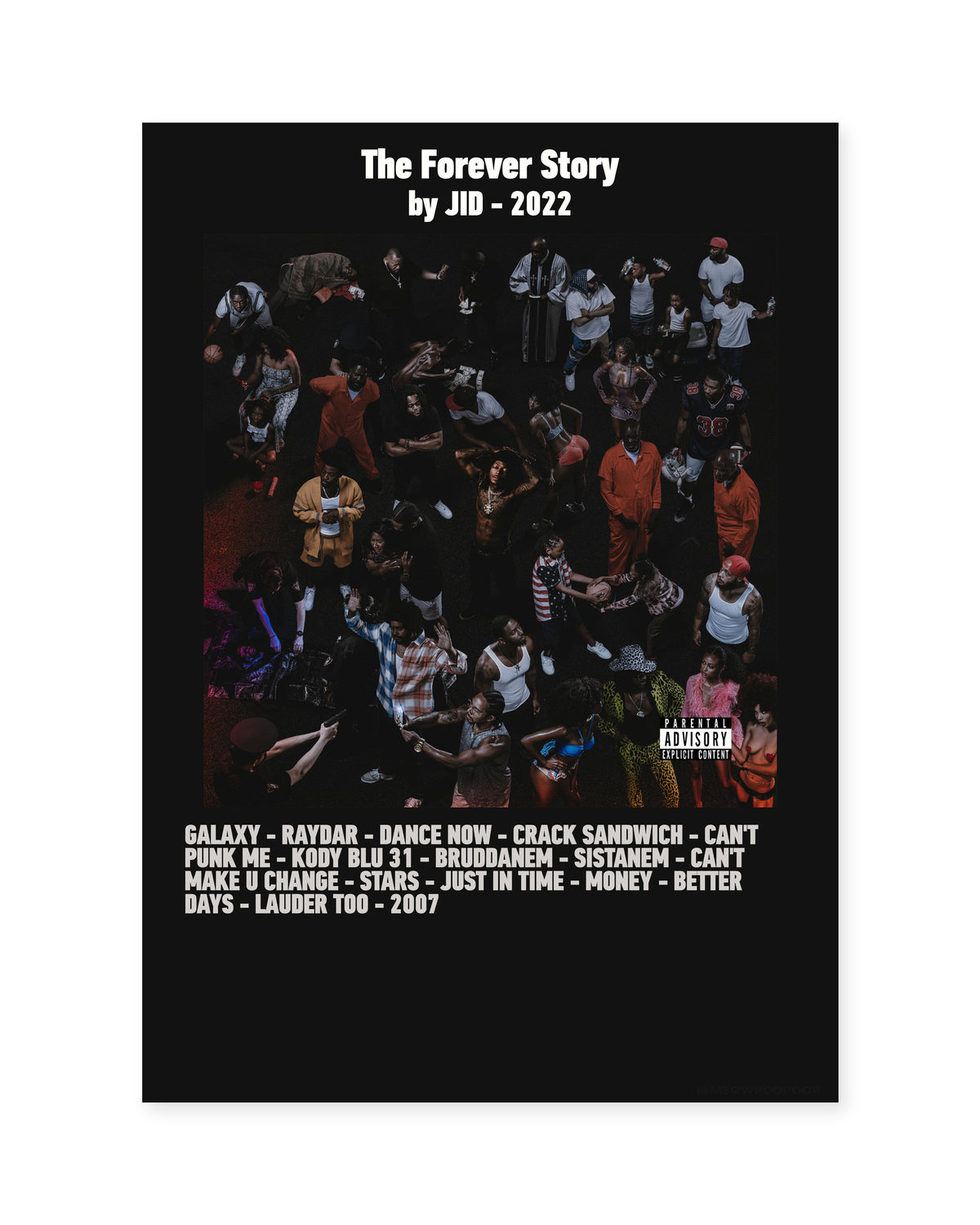 JID The Forever Story Black Bold Tracklist Poster — front view in a thin black display frame. Print sold unframed; frame for display only.