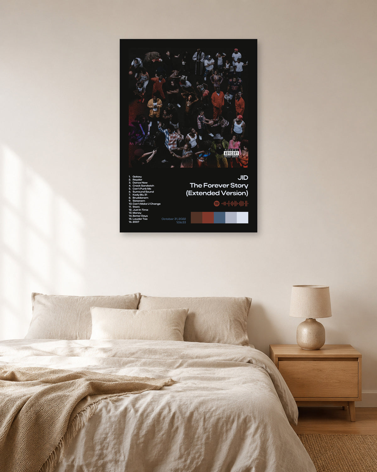 JID The Forever Story (Extended Version) Black Album Information Poster — natural-light bedroom display. Print sold unframed; frame for display only.