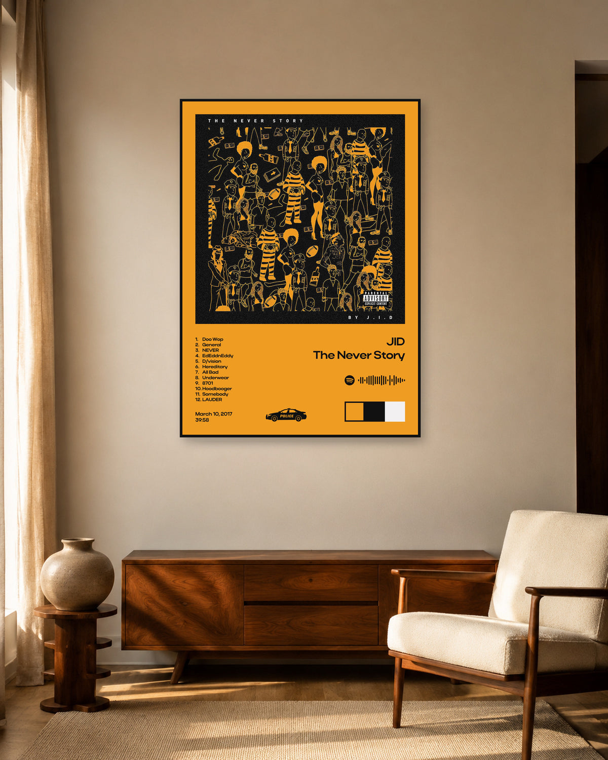 JID The Never Story Orange Tracklist Poster — warm mid-century living room display. Print sold unframed; frame for display only.