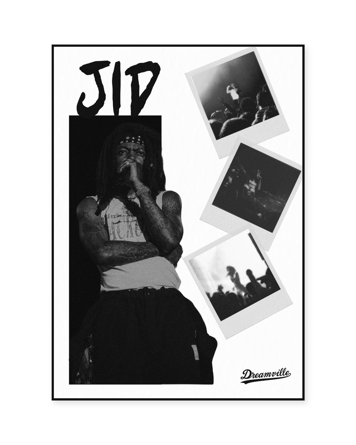 JID Performance Collage Black-and-White Poster — front view in a thin black display frame. Print sold unframed; frame for display only.