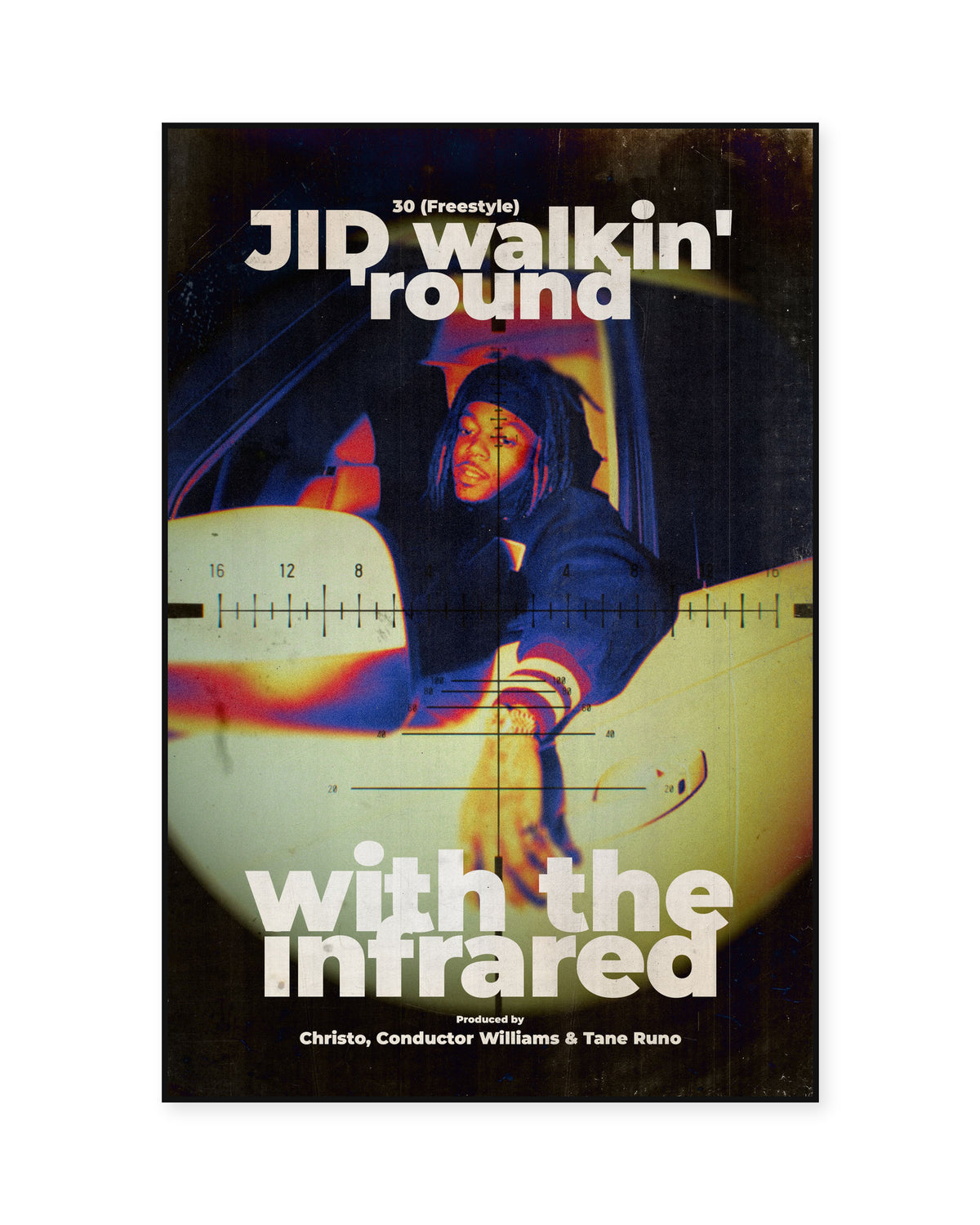 JID 30 (Freestyle) Infrared Typography Poster — front view in a thin black display frame. Print sold unframed; frame for display only.