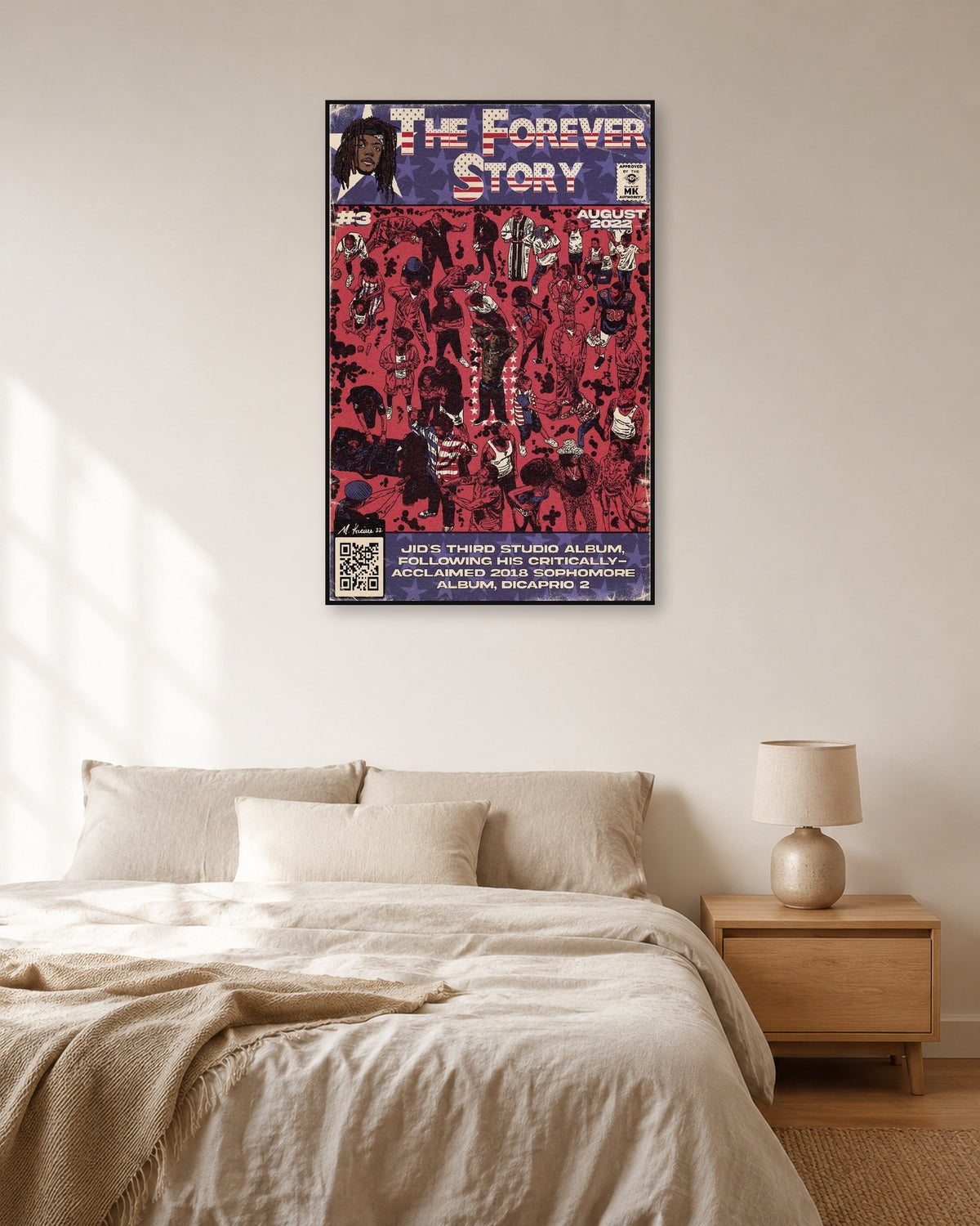 JID The Forever Story Red Comic Cover Poster — natural-light bedroom display. Print sold unframed; frame for display only.