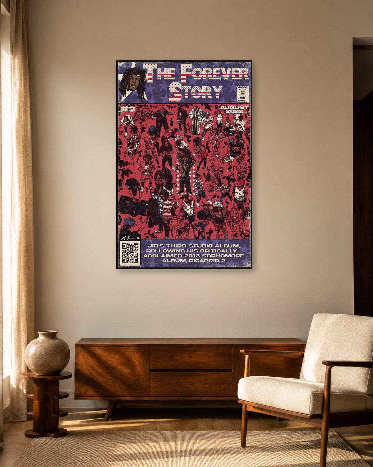 JID The Forever Story Red Comic Cover Poster — warm mid-century living room display. Print sold unframed; frame for display only.