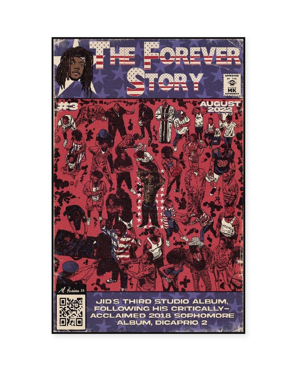 JID The Forever Story Red Comic Cover Poster — front view in a thin black display frame. Print sold unframed; frame for display only.