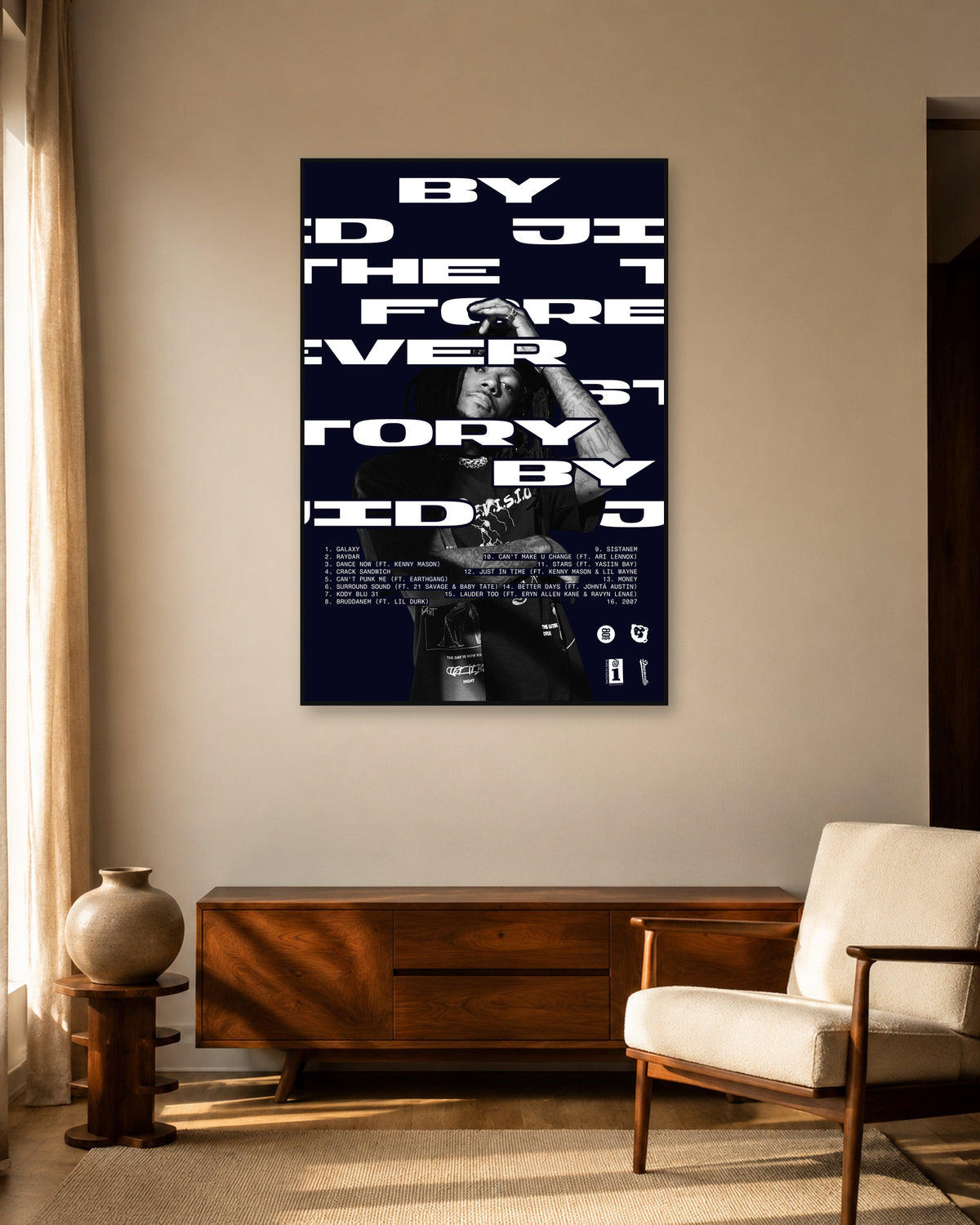 JID The Forever Story Bold White Typography Poster — warm mid-century living room display. Print sold unframed; frame for display only.