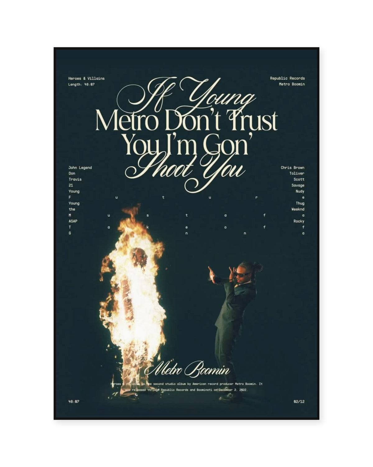 Metro Boomin Heroes & Villains Dark Green Script Poster — front view in a thin black display frame. Print sold unframed; frame for display only.