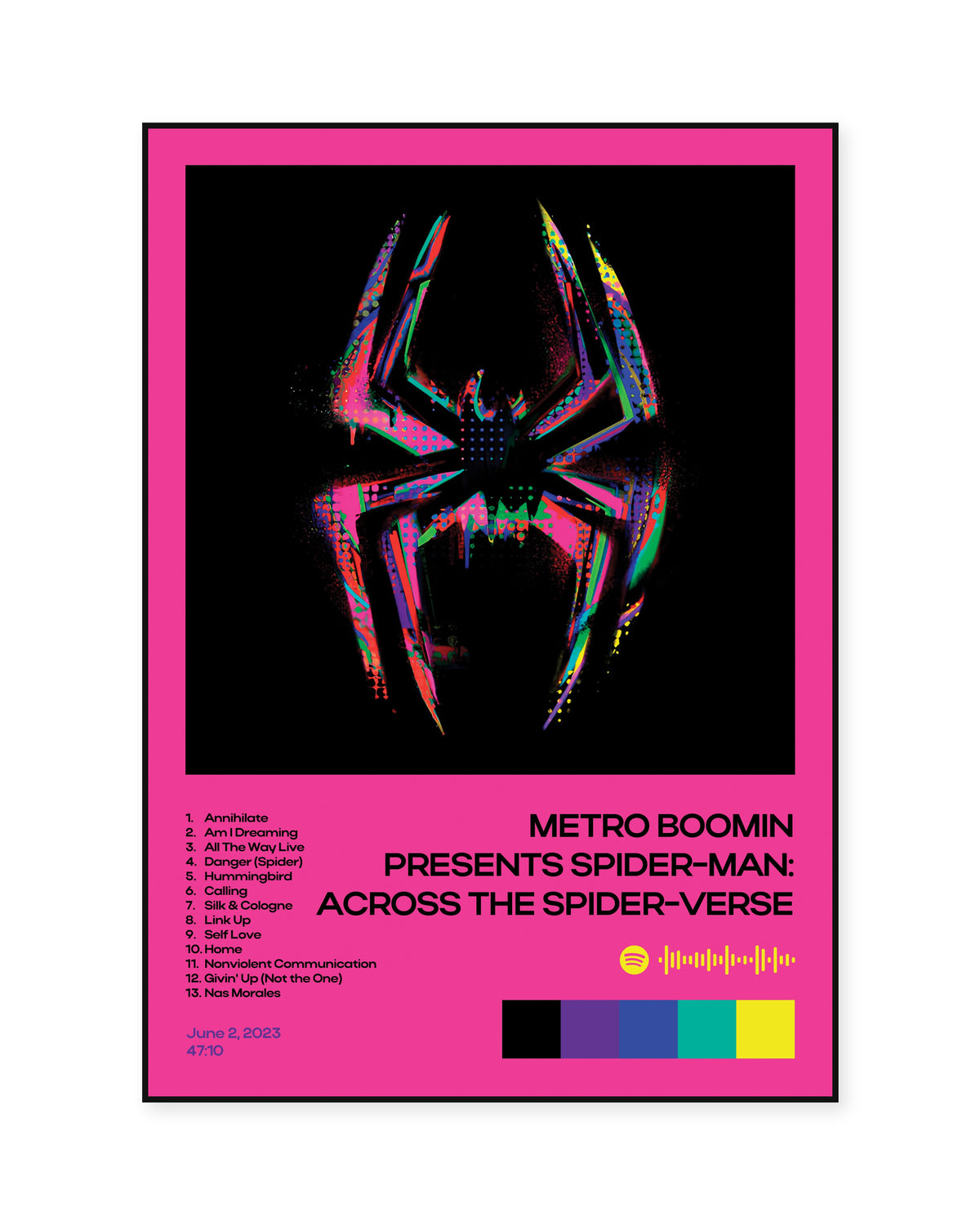 Metro Boomin Spider-Man: Across the Spider-Verse Pink Tracklist Poster — front view in a thin black display frame. Print sold unframed; frame for display only.