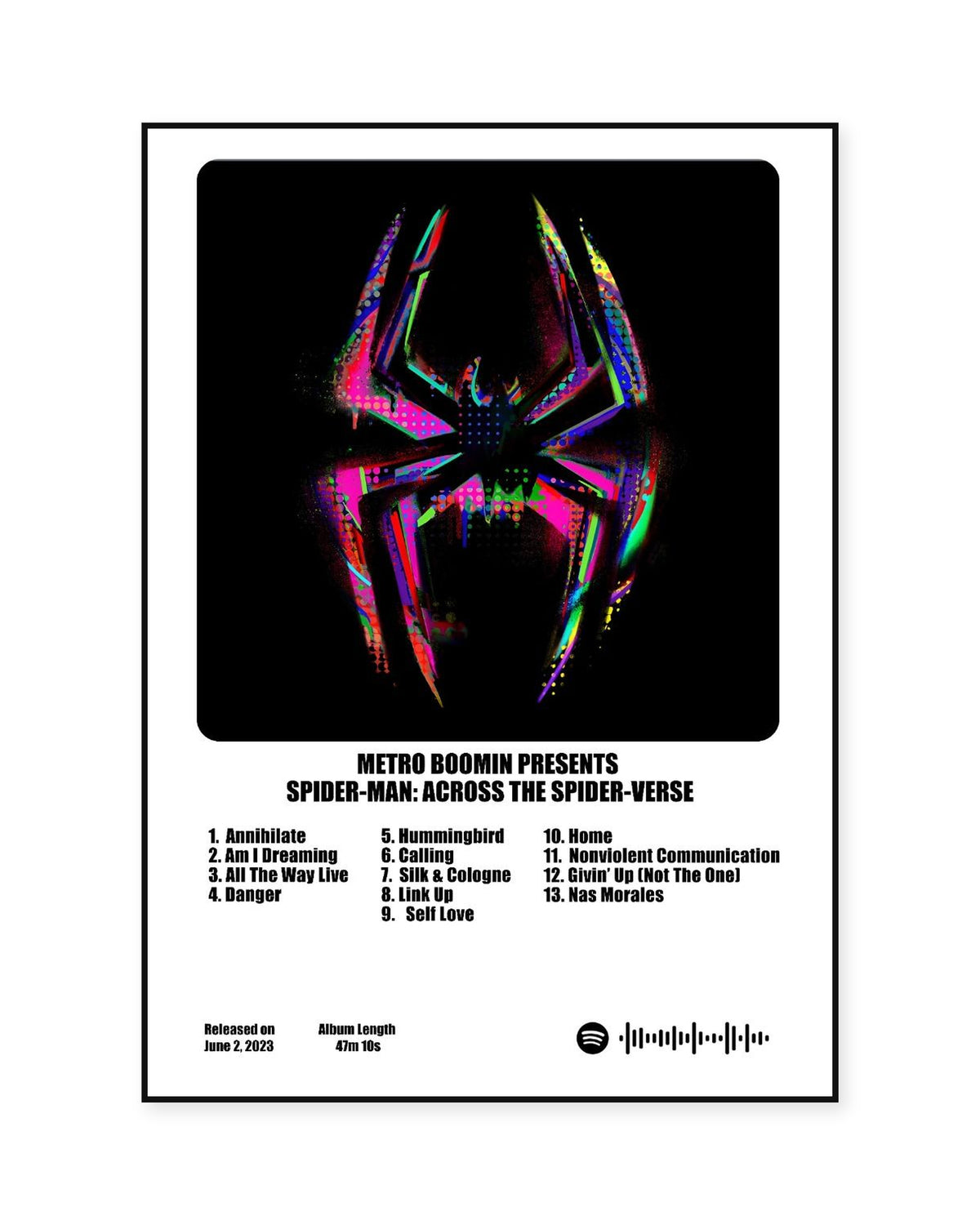 Metro Boomin Spider-Man: Across the Spider-Verse White Rounded Cover Poster — front view in a thin black display frame. Print sold unframed; frame for display only.