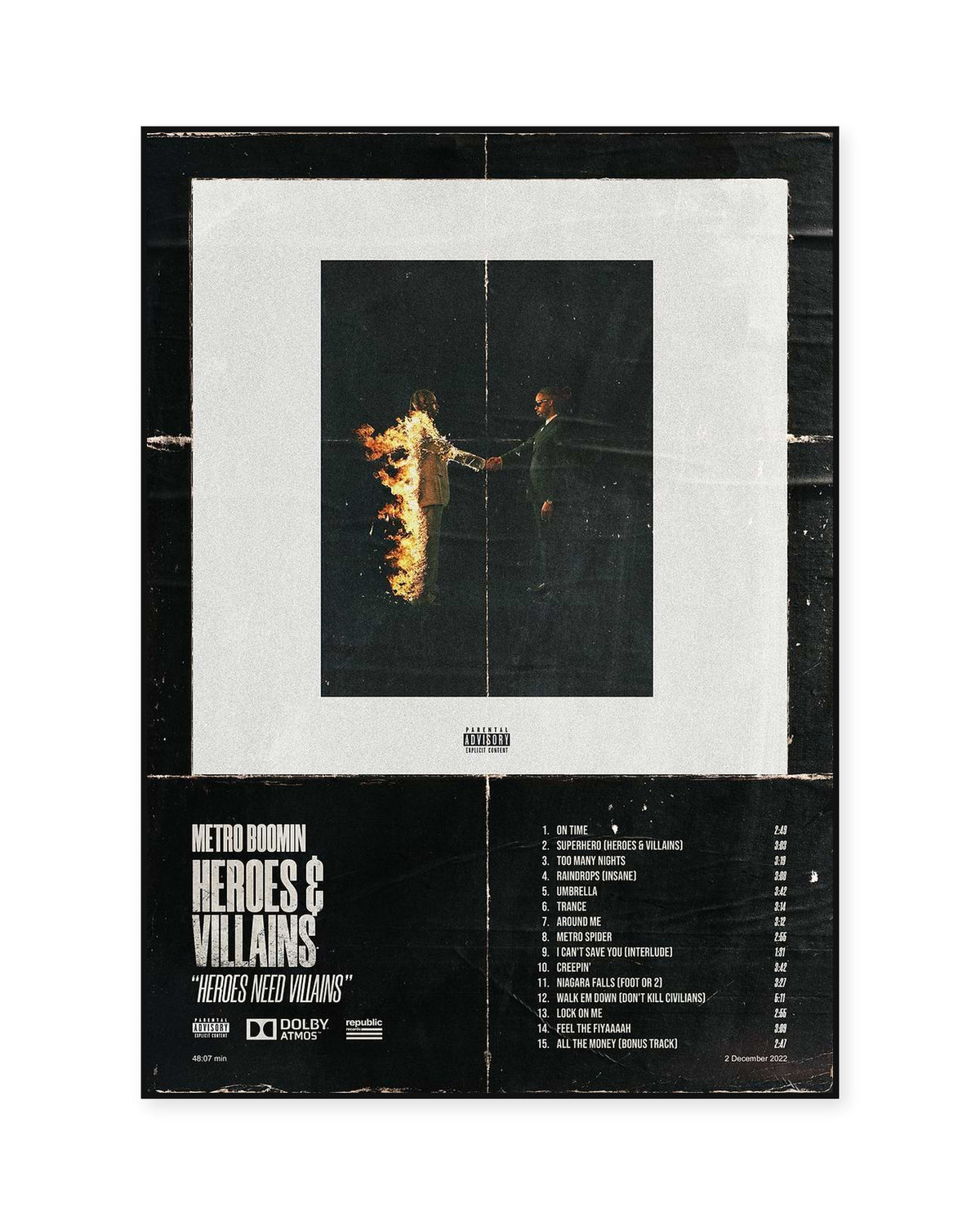 Metro Boomin Heroes & Villains Distressed Black Tracklist Poster — front view in a thin black display frame. Print sold unframed; frame for display only.