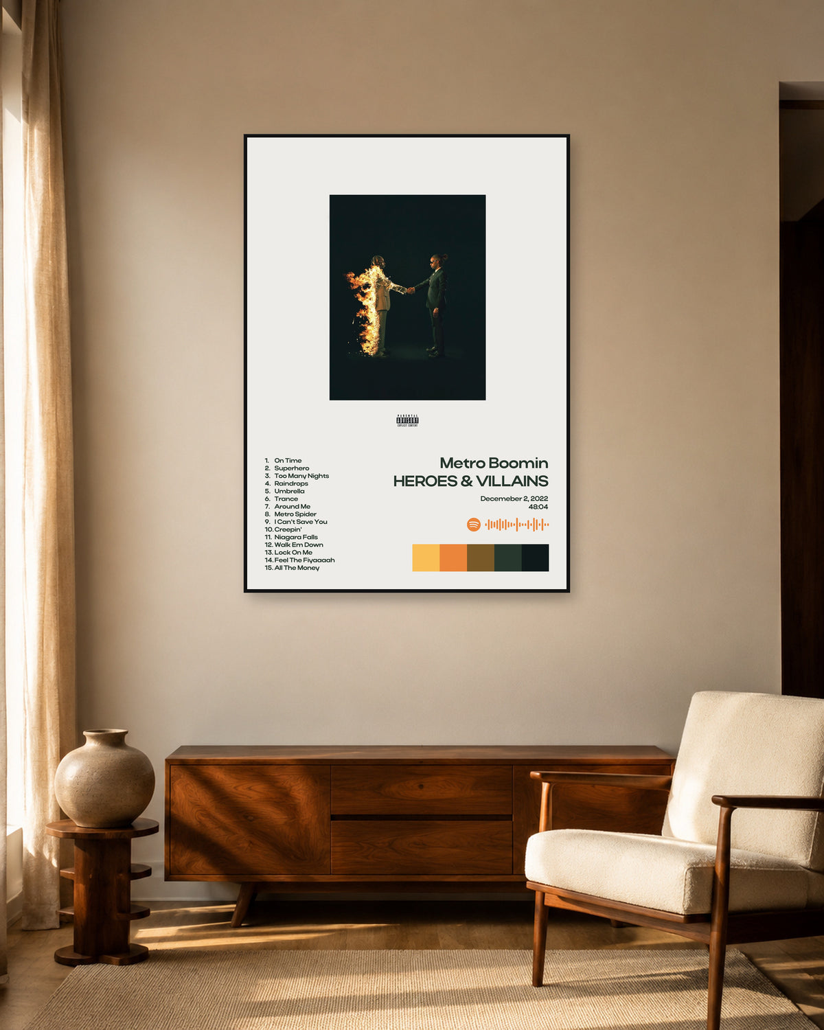 Metro Boomin Heroes & Villains White Minimal Tracklist Poster — warm mid-century living room display. Print sold unframed; frame for display only.