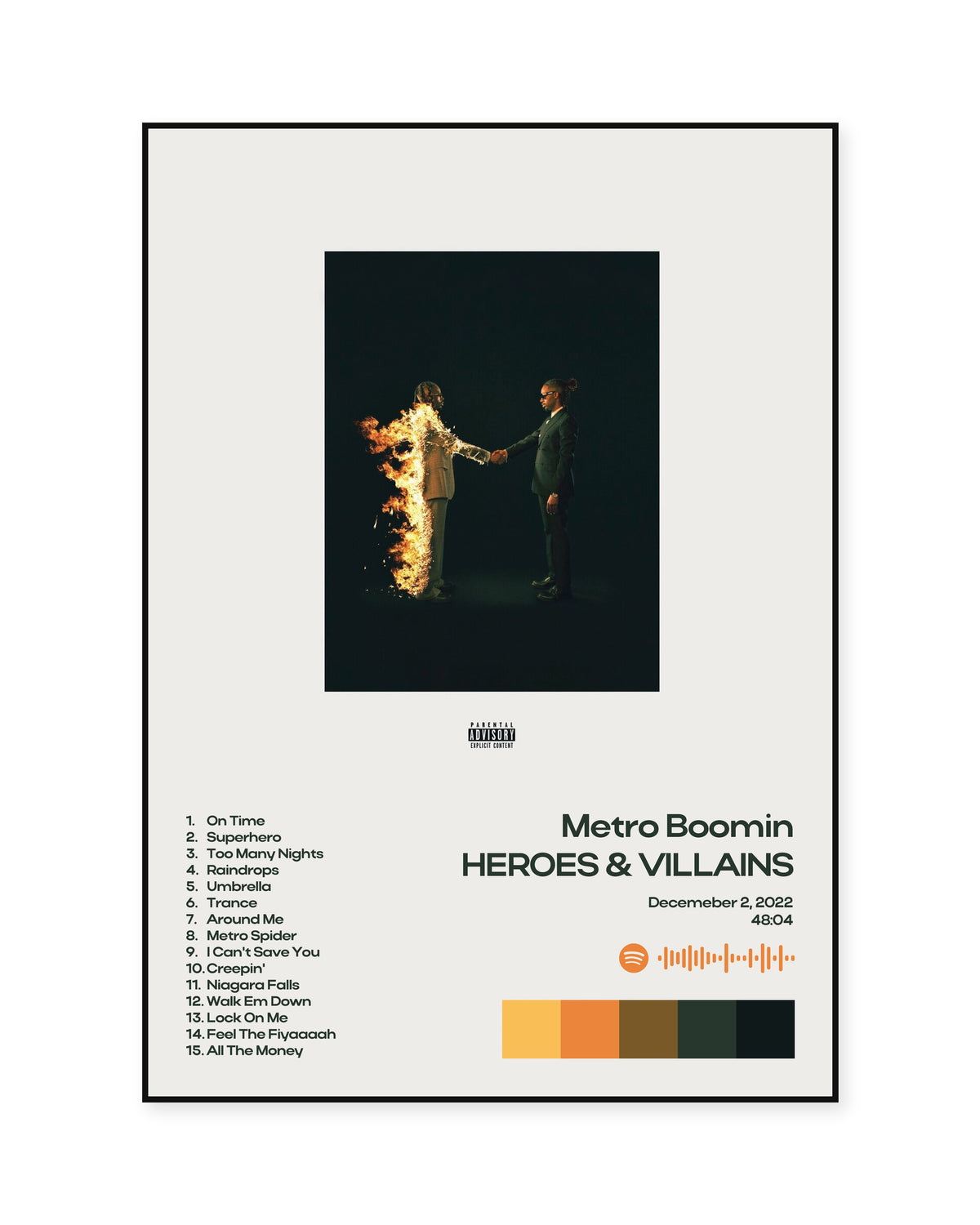 Metro Boomin Heroes & Villains White Minimal Tracklist Poster — front view in a thin black display frame. Print sold unframed; frame for display only.