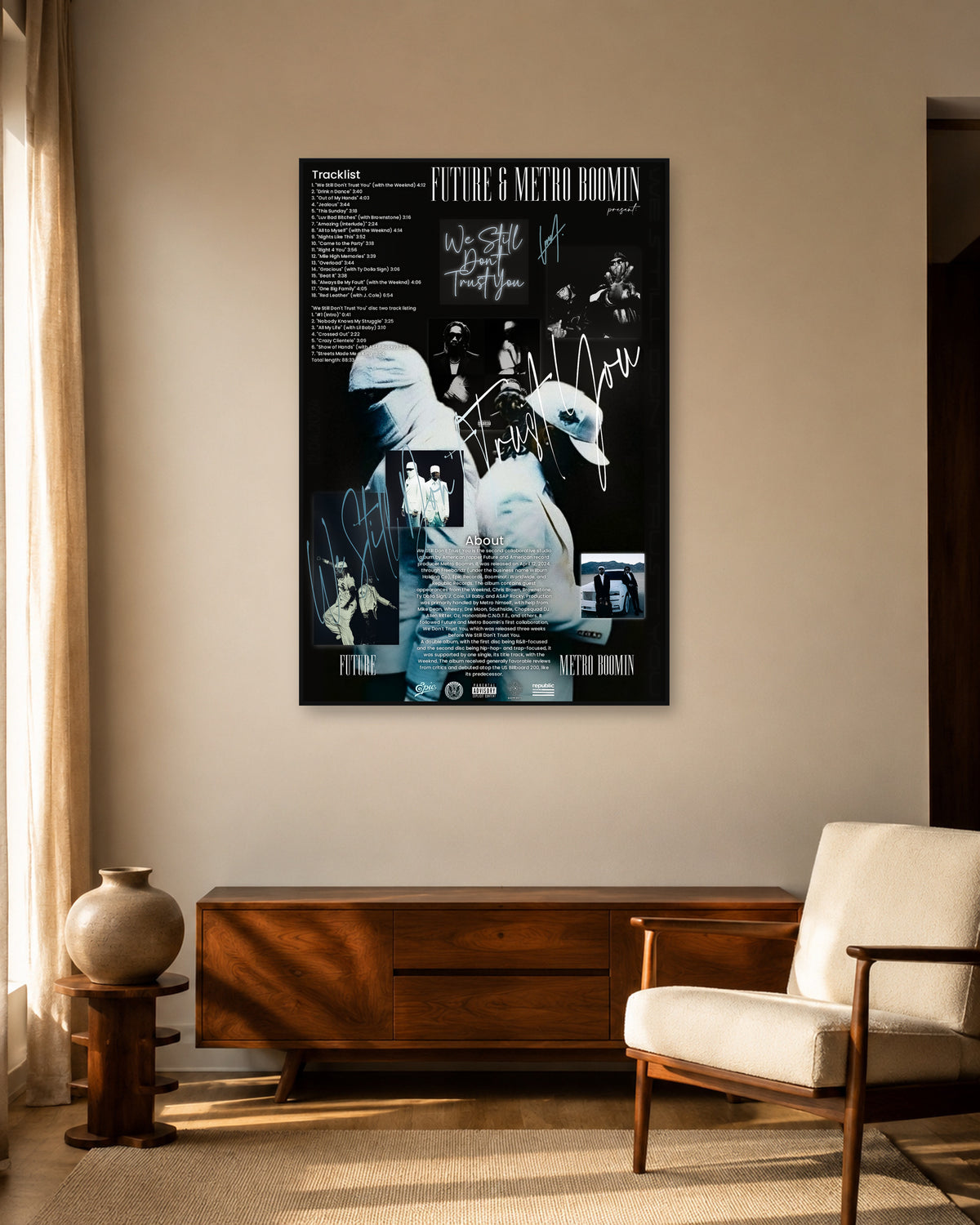 Metro Boomin We Still Don't Trust You Blue Portrait Collage Poster — warm mid-century living room display. Print sold unframed; frame for display only.
