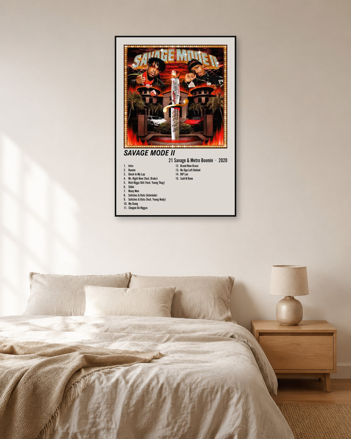 Metro Boomin Savage Mode II Cream Two-Column Tracklist Poster — natural-light bedroom display. Print sold unframed; frame for display only.