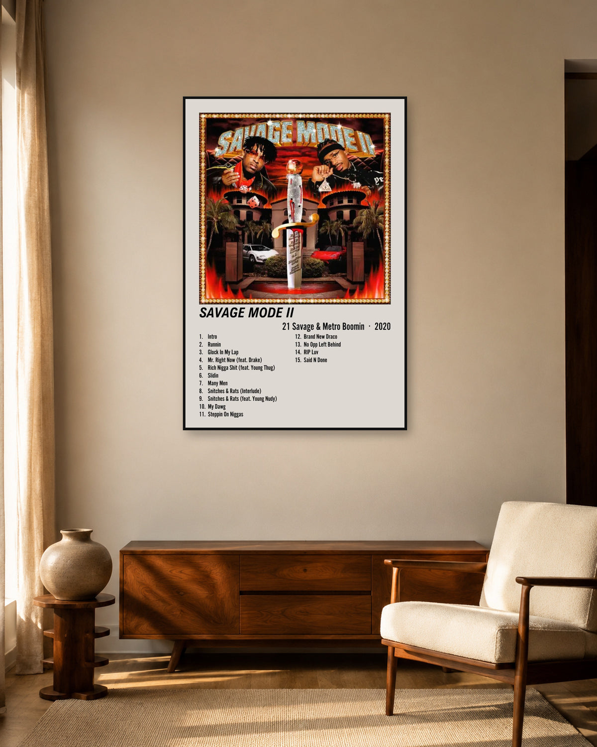 Metro Boomin Savage Mode II Cream Two-Column Tracklist Poster — warm mid-century living room display. Print sold unframed; frame for display only.