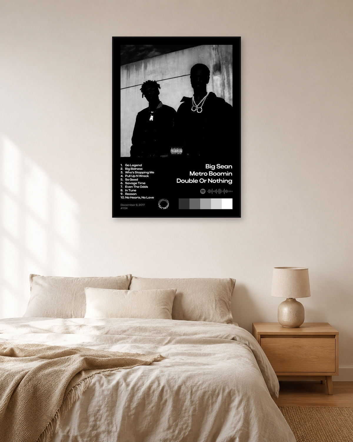 Metro Boomin Double or Nothing Black Tracklist Poster — natural-light bedroom display. Print sold unframed; frame for display only.