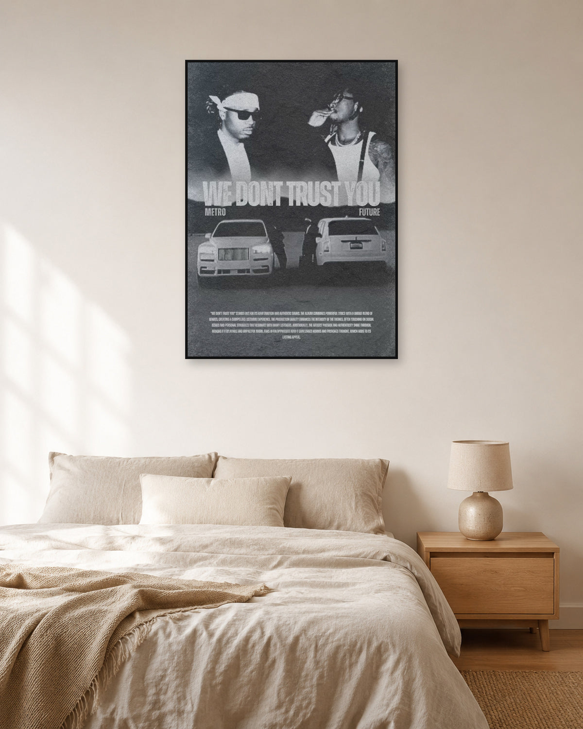 Metro Boomin We Don't Trust You Monochrome Cars Poster — natural-light bedroom display. Print sold unframed; frame for display only.