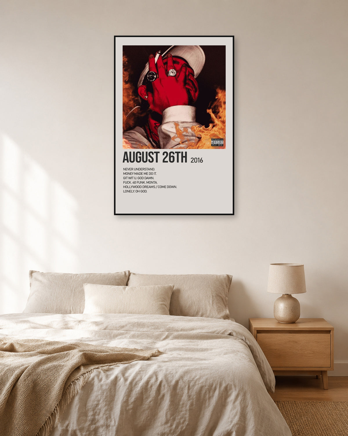 Post Malone August 26th Cream Tracklist Poster — natural-light bedroom display. Print sold unframed; frame for display only.