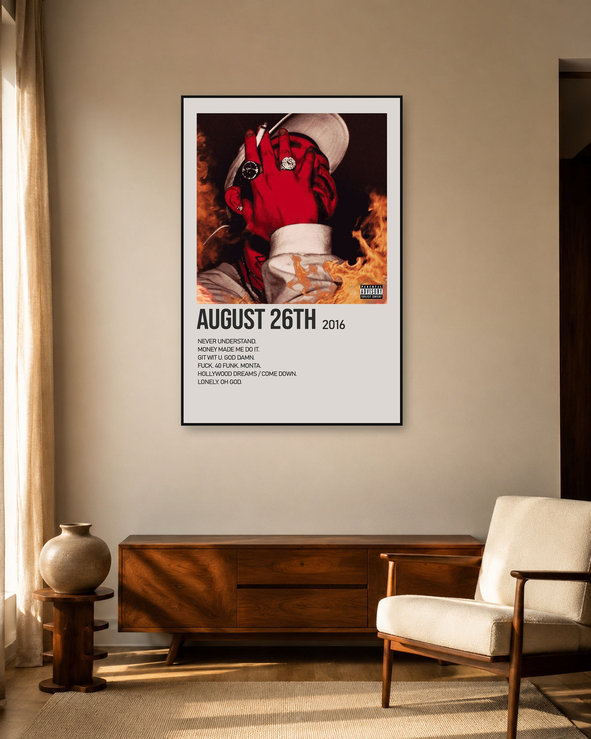 Post Malone August 26th Cream Tracklist Poster — warm mid-century living room display. Print sold unframed; frame for display only.