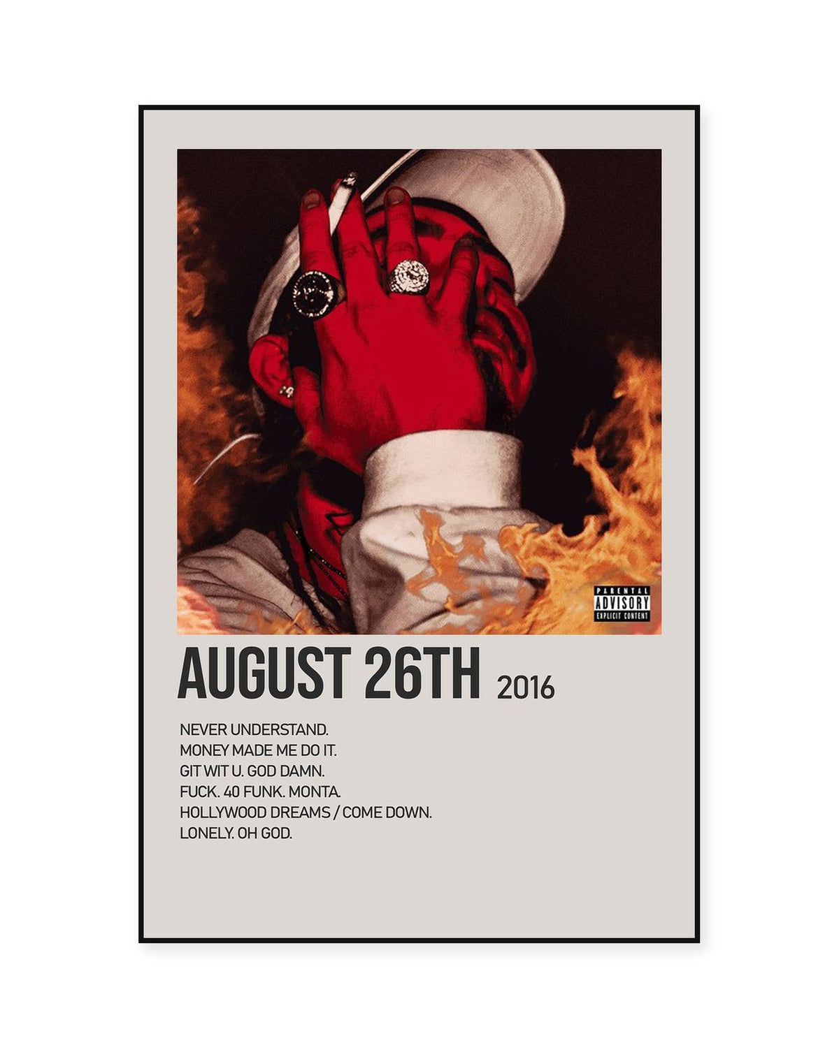 Post Malone August 26th Cream Tracklist Poster — front view in a thin black display frame. Print sold unframed; frame for display only.