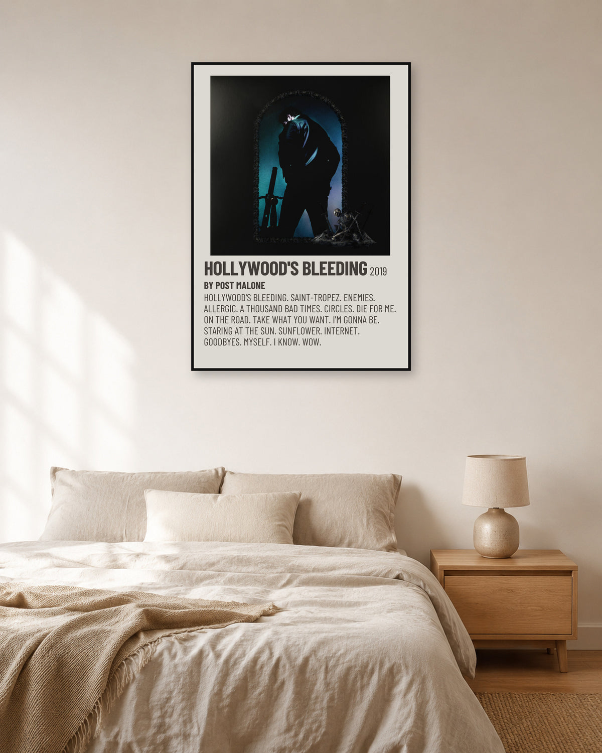 Post Malone Hollywood's Bleeding Cream Tracklist Poster — natural-light bedroom display. Print sold unframed; frame for display only.
